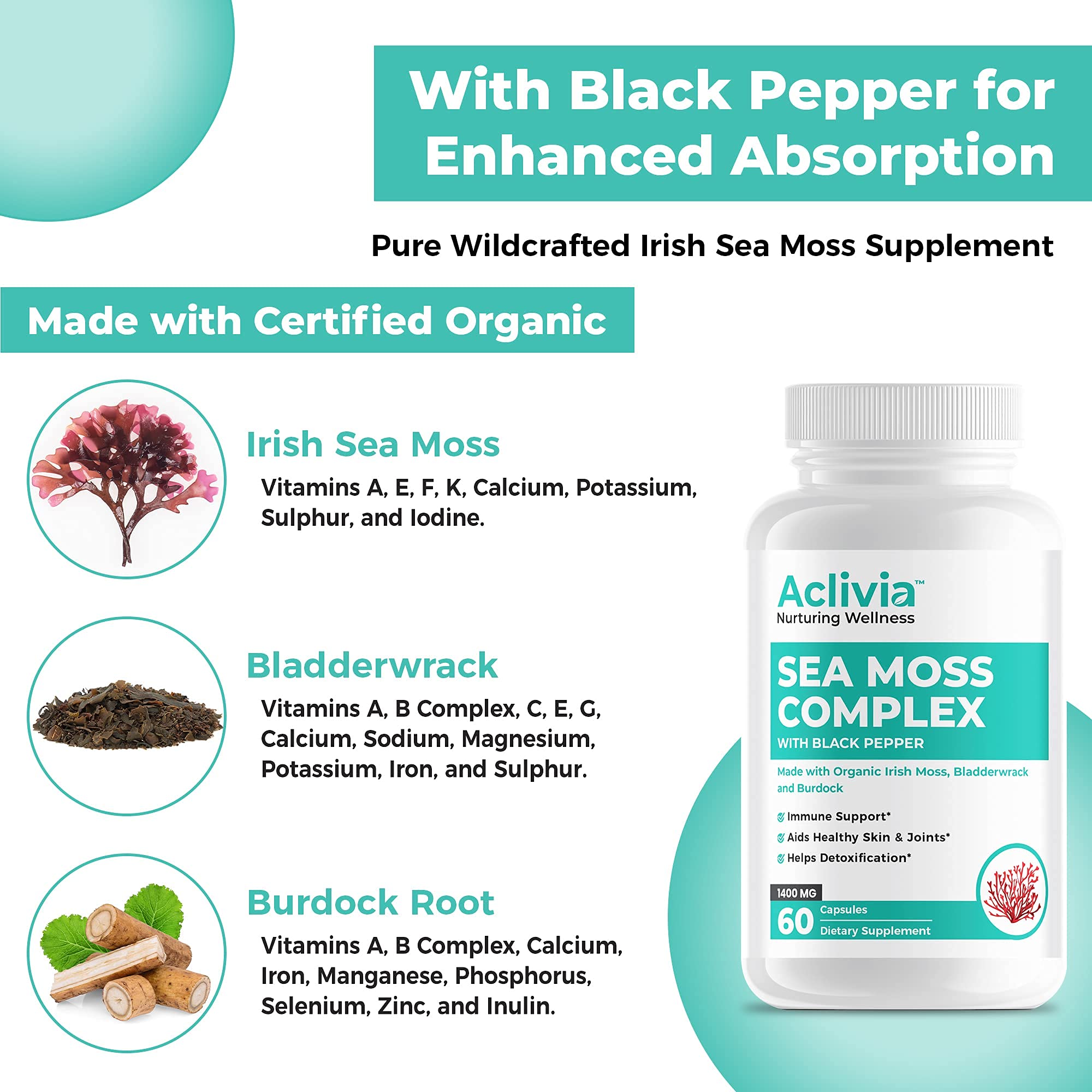 Aclivia - Organic Irish Sea Moss Capsules with Bladderwrack & Burdock Root - 102 Minerals Sea Moss Supplement - Thyroid Support, Immune Boost - Non-GMO (60 Count) Aclivia buy supplements canada