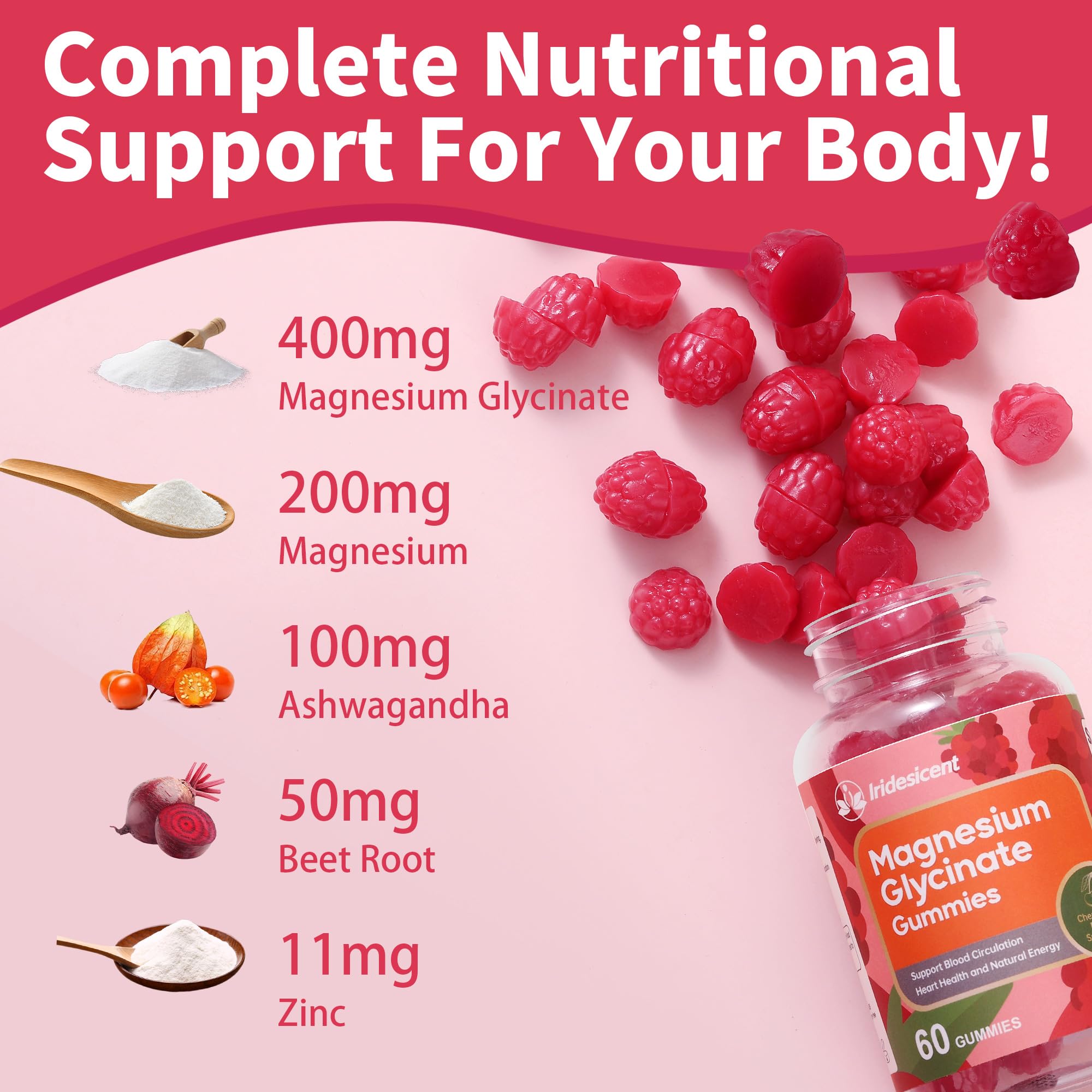 IRIDESICENT Magnesium Glycinate Gummies 400mg, Sugar Free Magnesium Supplement w/Ashwagandha, Zinc, Vegan Magnesium Glycinate Supplement for Adults - 120 Cherry Gummies IRIDESICENT buy supplements canada