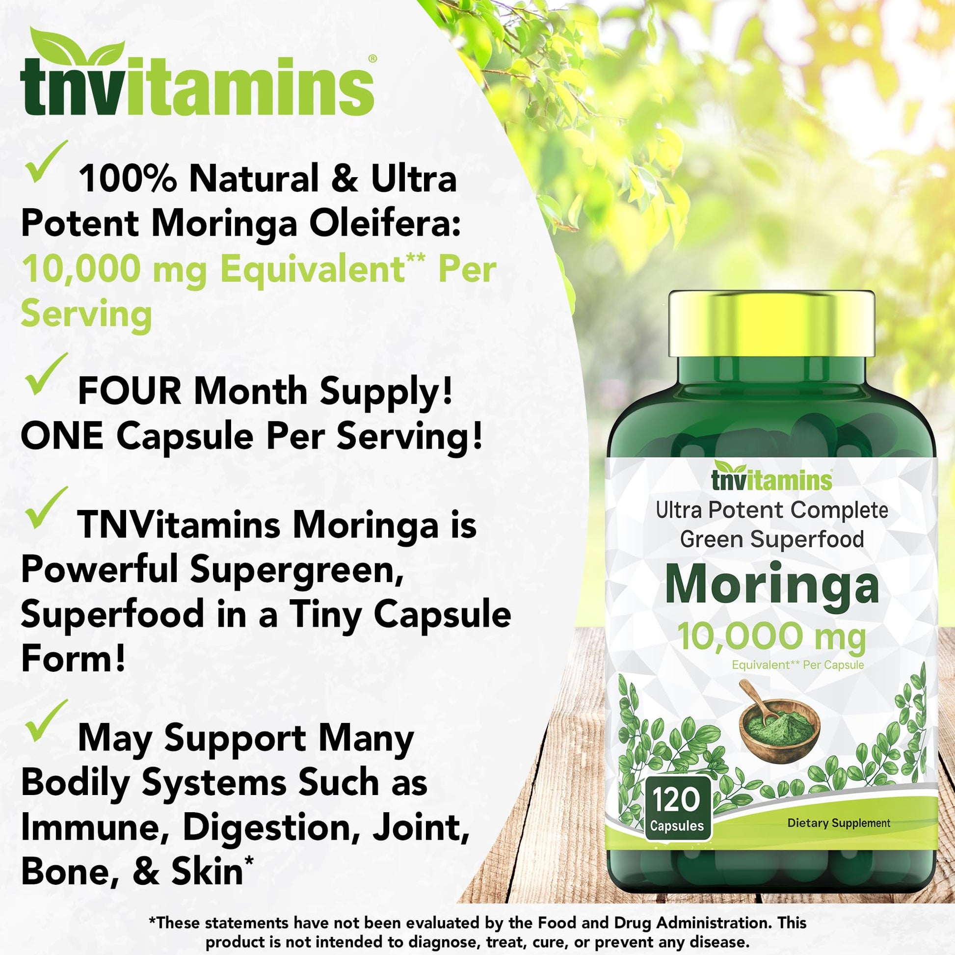 tnvitamins Moringa Capsules 10,000 mg - 120 Capsules | High Potency Moringa Leaf Extract Superfood Supplement for Energy tnvitamins buy supplements canada