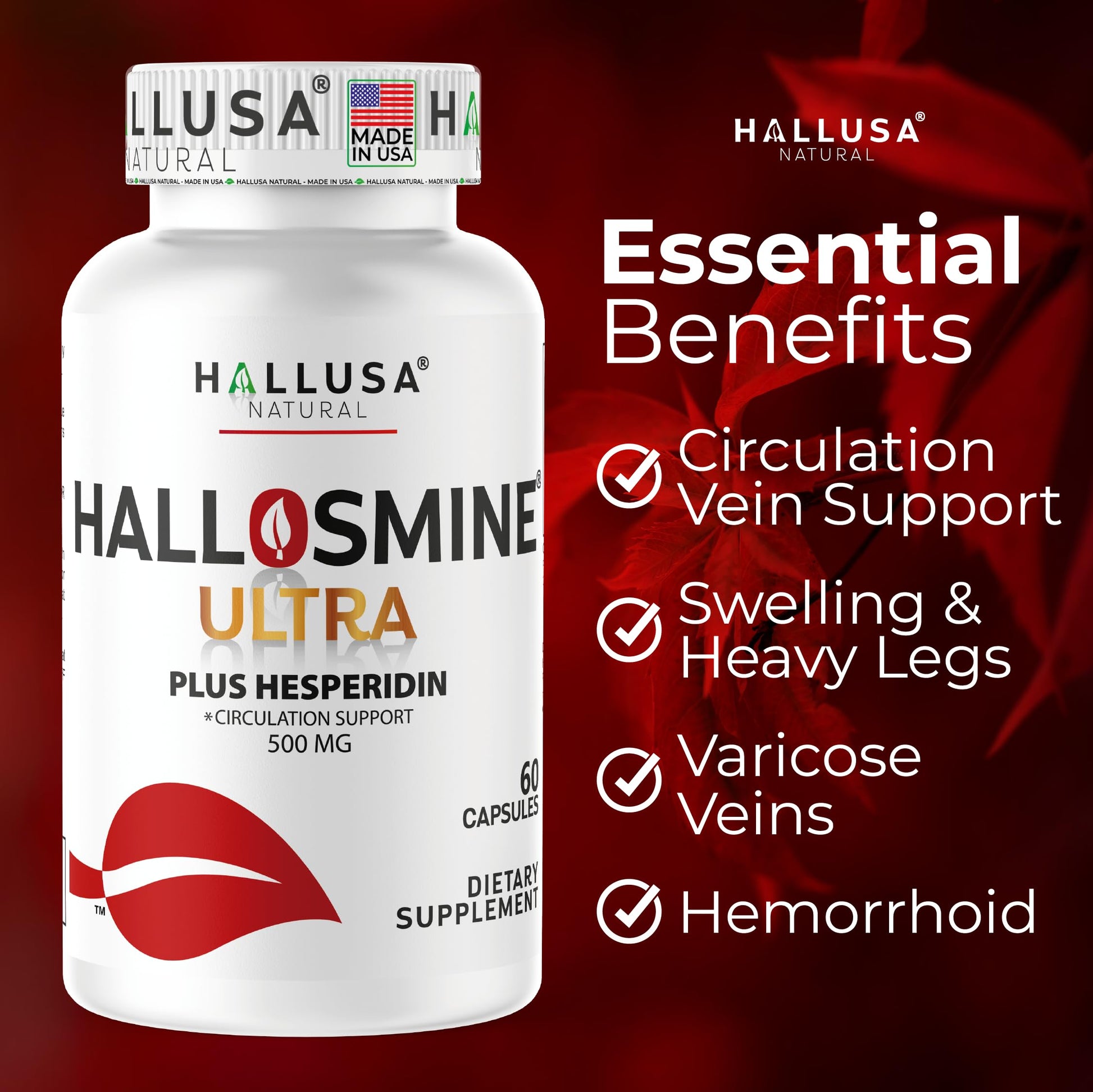 Hallosmine Ultra 650mg Diosmin Hesperidin, 60 Capsules + FREE Leg Cream with Diosmin, Hesperidin & Horse Chestnut, 4 oz | Blood Circulation & Vein Support Supplement, GMO Free, Gluten Free Hallusa Natural buy supplements canada