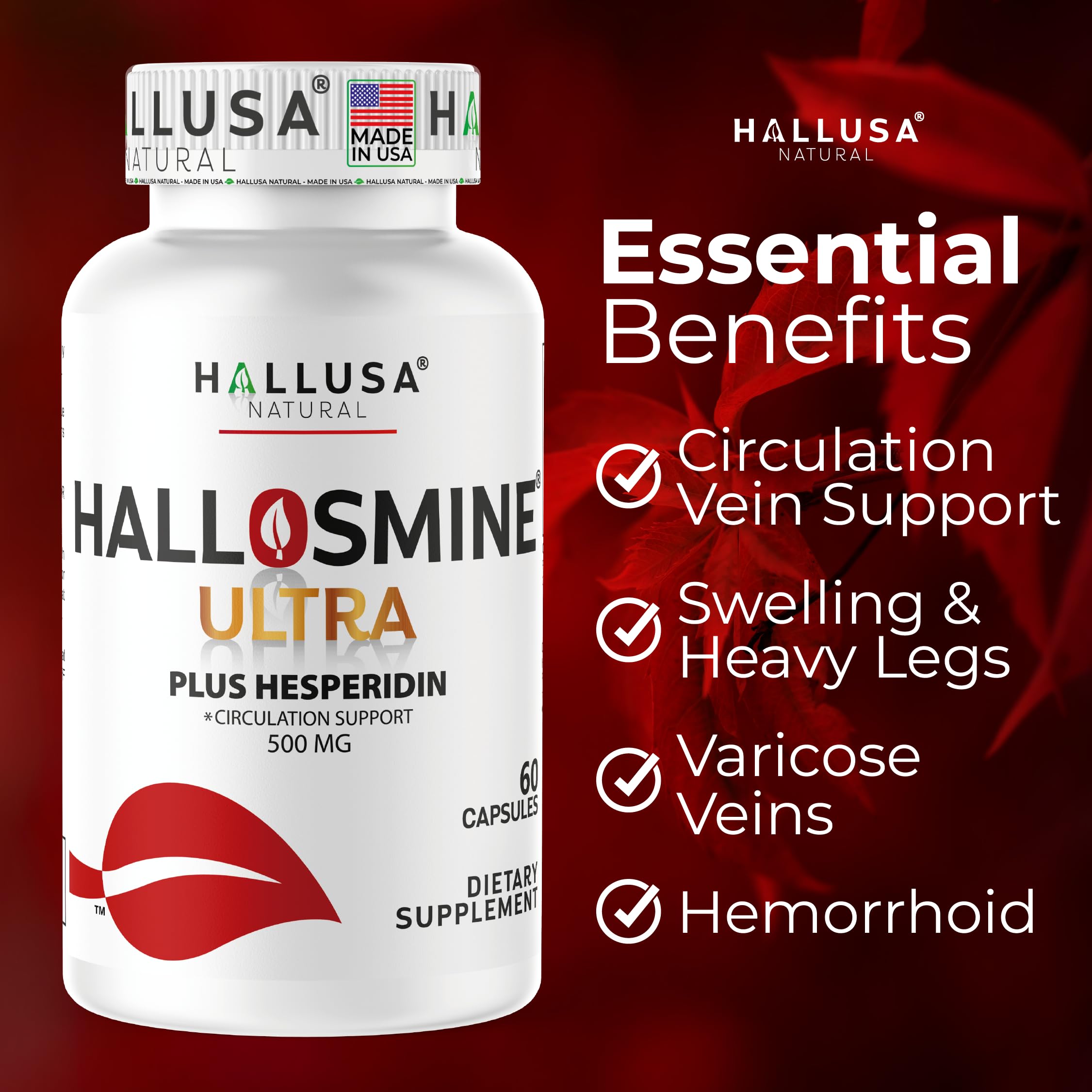 Hallusa Natural Hallosmine Ultra Diosmin 500mg & Hesperidin 150mg – Heavy Legs, Swelling & Vein - Blood Circulation Supplements, 60 Caps Hallusa Natural buy supplements canada