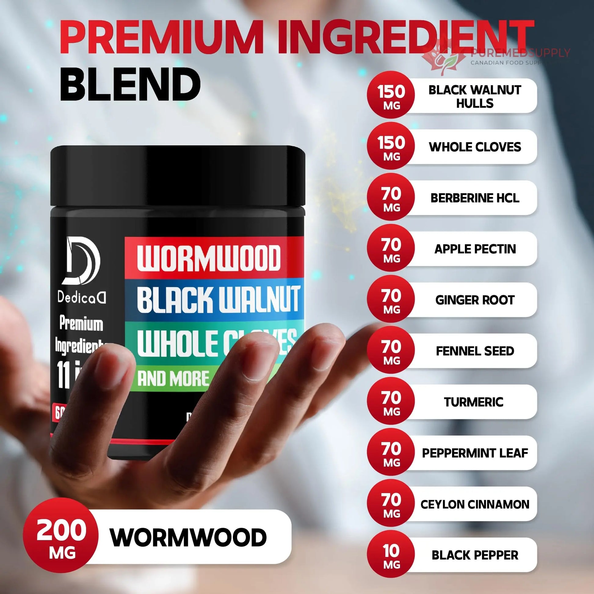 DEDICAD Wormwood Capsules Supplement - Extracted from Black Walnut, Cloves, Turmeric, Apple, Berberine HCl & More - 11 Ingredients Combined for Immune System, Body Management - 60 Capsules DEDICAD buy supplements canada