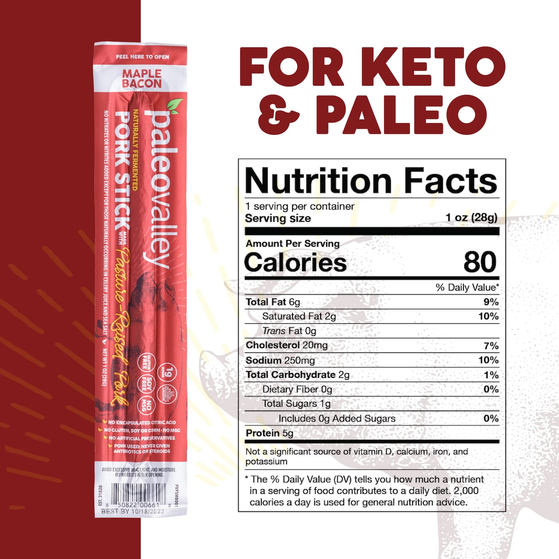 Paleovalley Pasture-Raised Pork Sticks - Maple Bacon Flavor Meat Sticks Individually Wrapped, 28g - 10 Sticks - Gluten-Free Protein Snack Paleovalley buy supplements canada