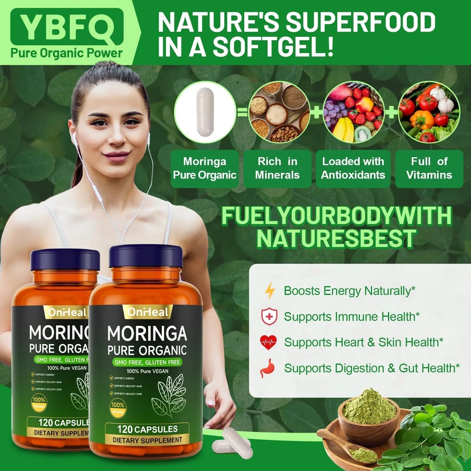 YBFQ Organic Moringa Capsules 1000 mg, 120 Count - Moringa Capsules with Organic Olefeira Powder, Supports Healthy Hair and Skin, Energy and Balance YBFQ buy supplements canada