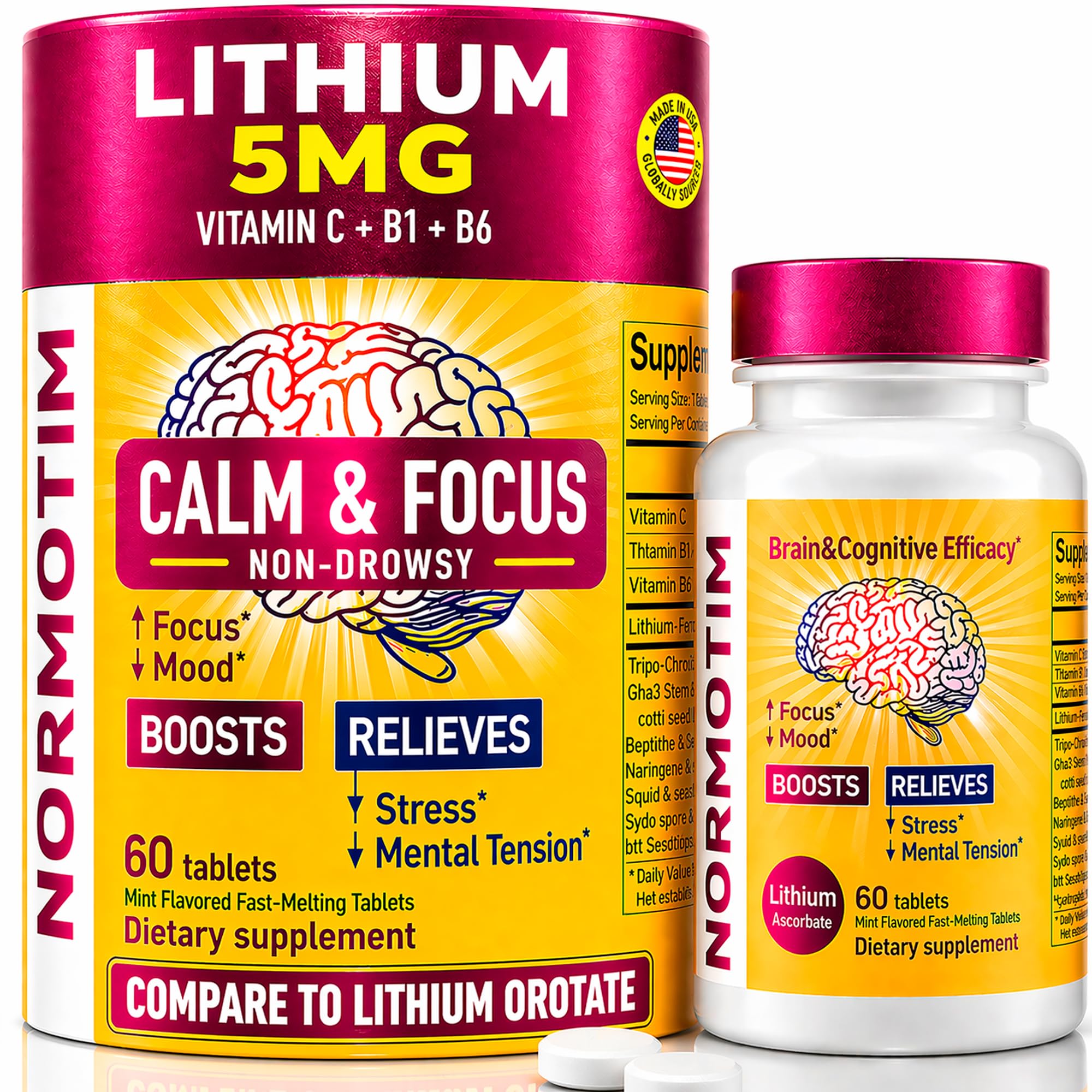 Calm & Focus Support – Lithium Ascorbate 5mg Fast-Dissolve Tablets with Vitamin C, B1 & B6 – Non-Drowsy Cognitive & Memory Support NORMOTIM buy supplements canada