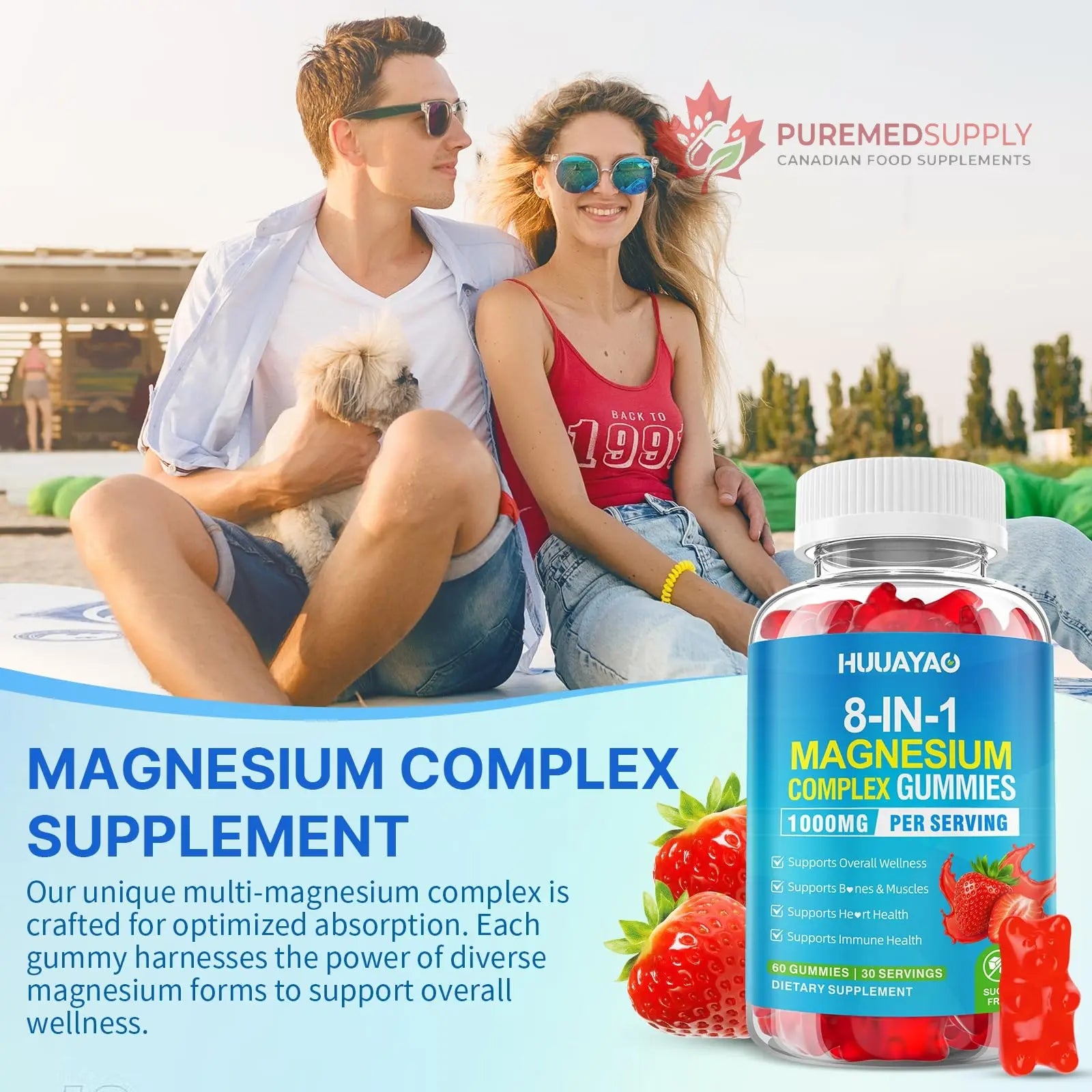 Magnesium Complex Gummies for Women Men 8 in 1, Magnesium Glycinate, Citrate, Malate, Taurate, Supports Bones, Muscle, Nerve Health, Sugar-Free, Vegan Non-GMO, Strawberry Flavor, 120 Count HUUAYAO buy supplements canada