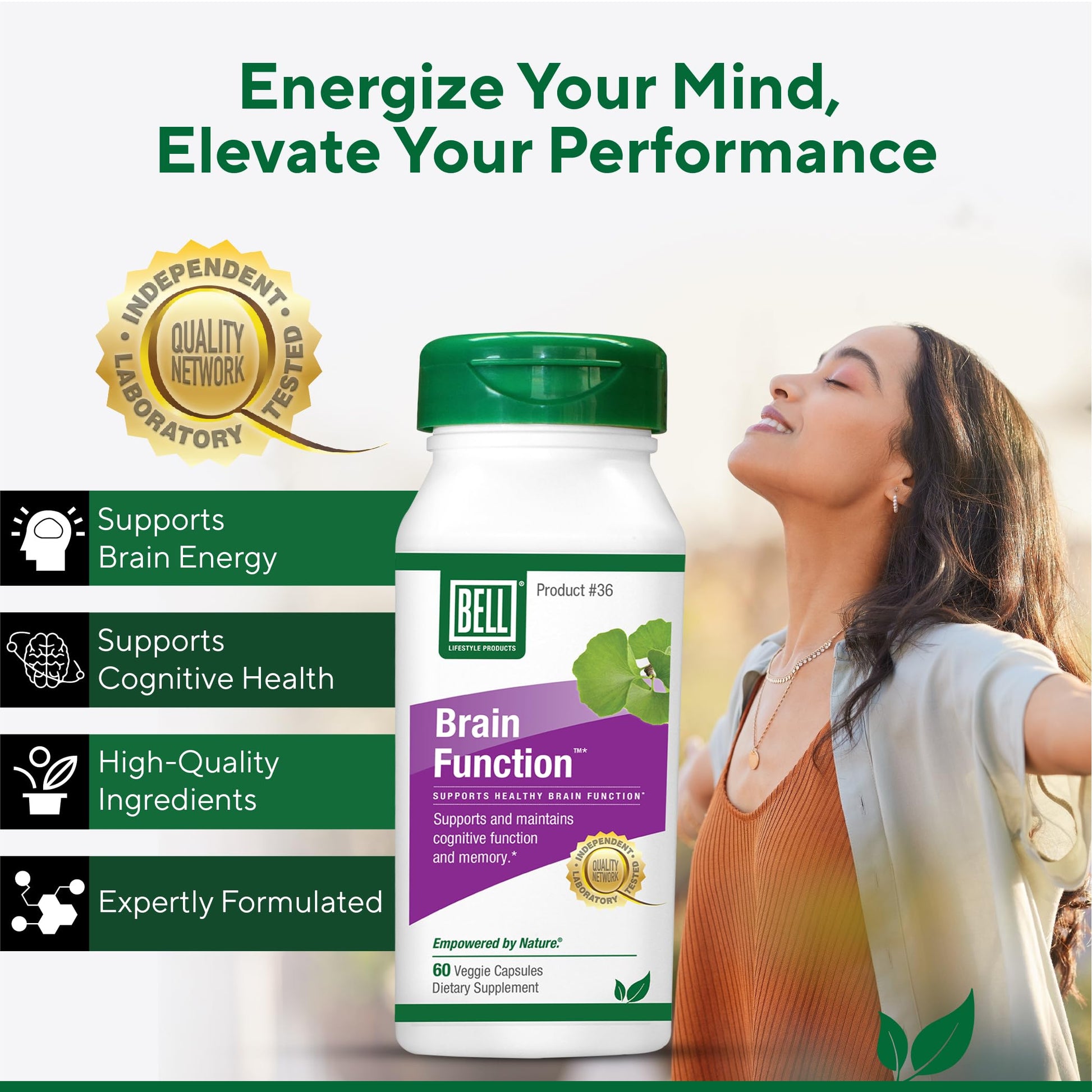 Bell Brain Function Lifestyle, Supports Cognitive Health with Ginkgo, Vitamin B12, Folate - 60 Vegetarian Capsules Bell buy supplements canada