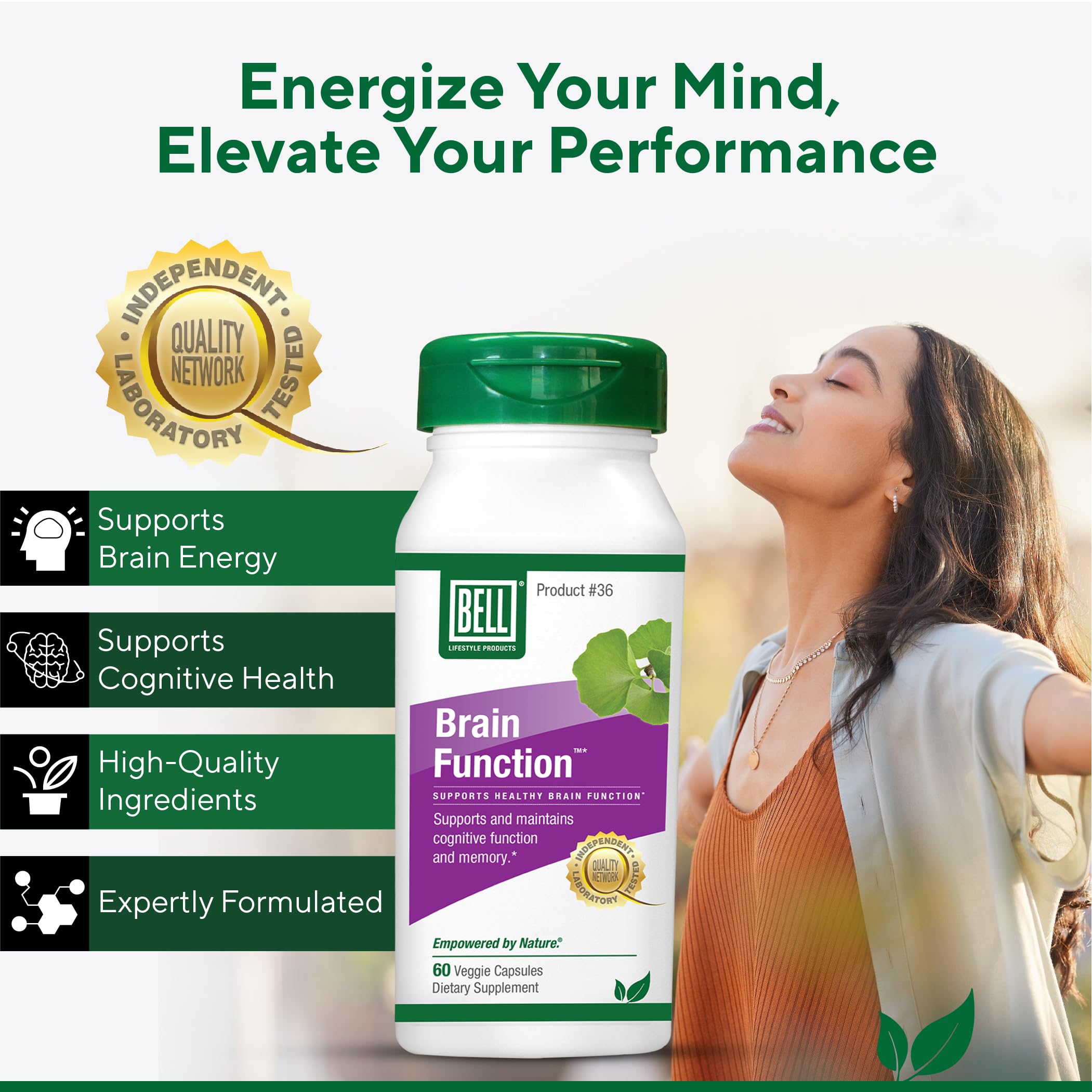 Bell Brain Function Lifestyle, Supports Cognitive Health with Ginkgo, Vitamin B12, Folate - 60 Vegetarian Capsules Bell buy supplements canada