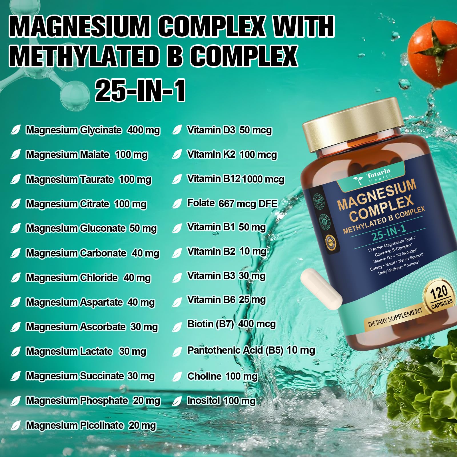 25-in-1 Magnesium Complex with Methylated B Complex Magnesium Glycinate Citrate Malate Taurate Gluconate Aspartate Carbonate D3 K2, Magnesium Supplement Totaria buy supplements canada