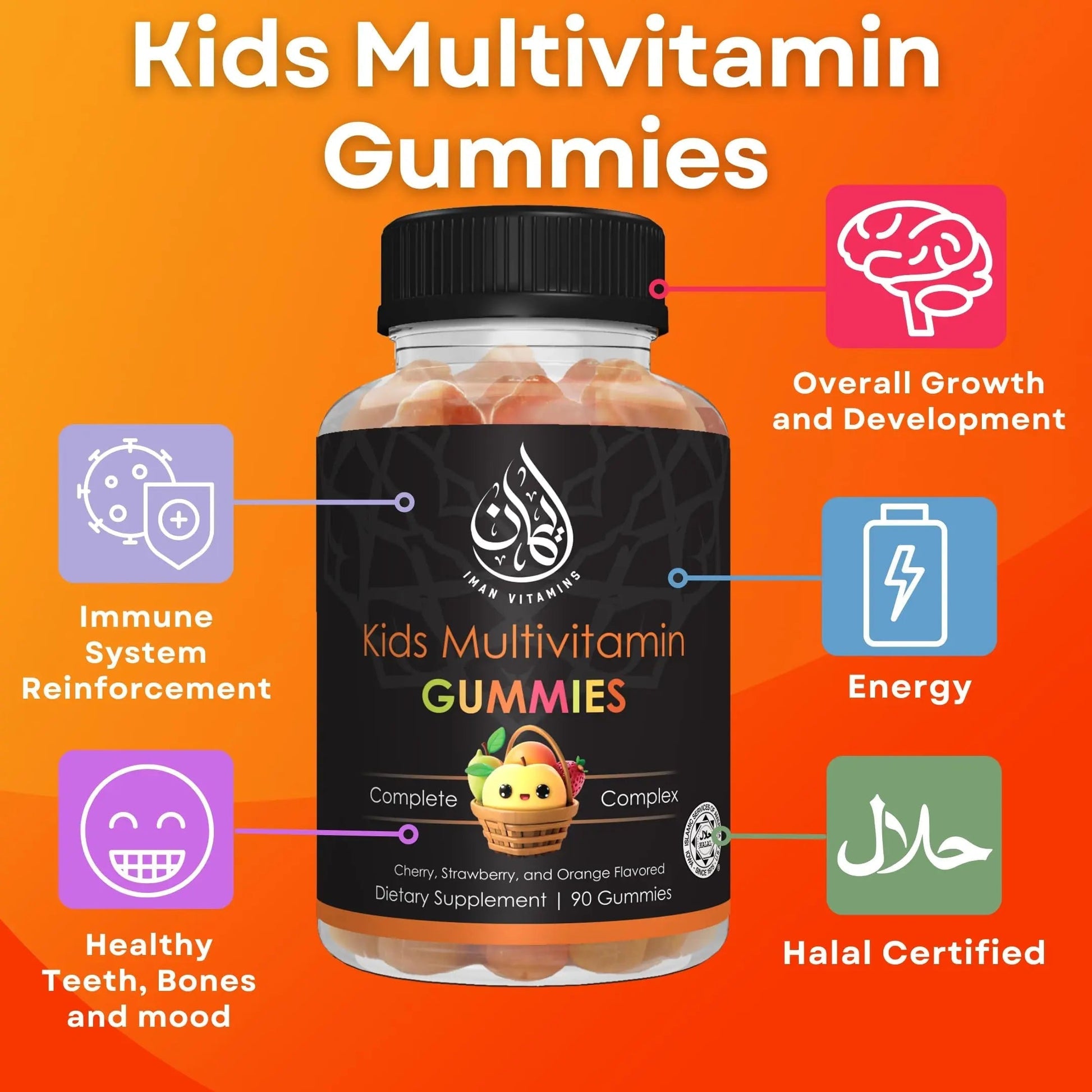 Iman Vitamins Halal Kids Multivitamin Gummies | Vitamin C, D, Zinc, A, E, B6, B12, Biotin, Folate, Inositol | Strengthen Metabolism, Bones & Immunity | Iman Vitamins buy supplements canada