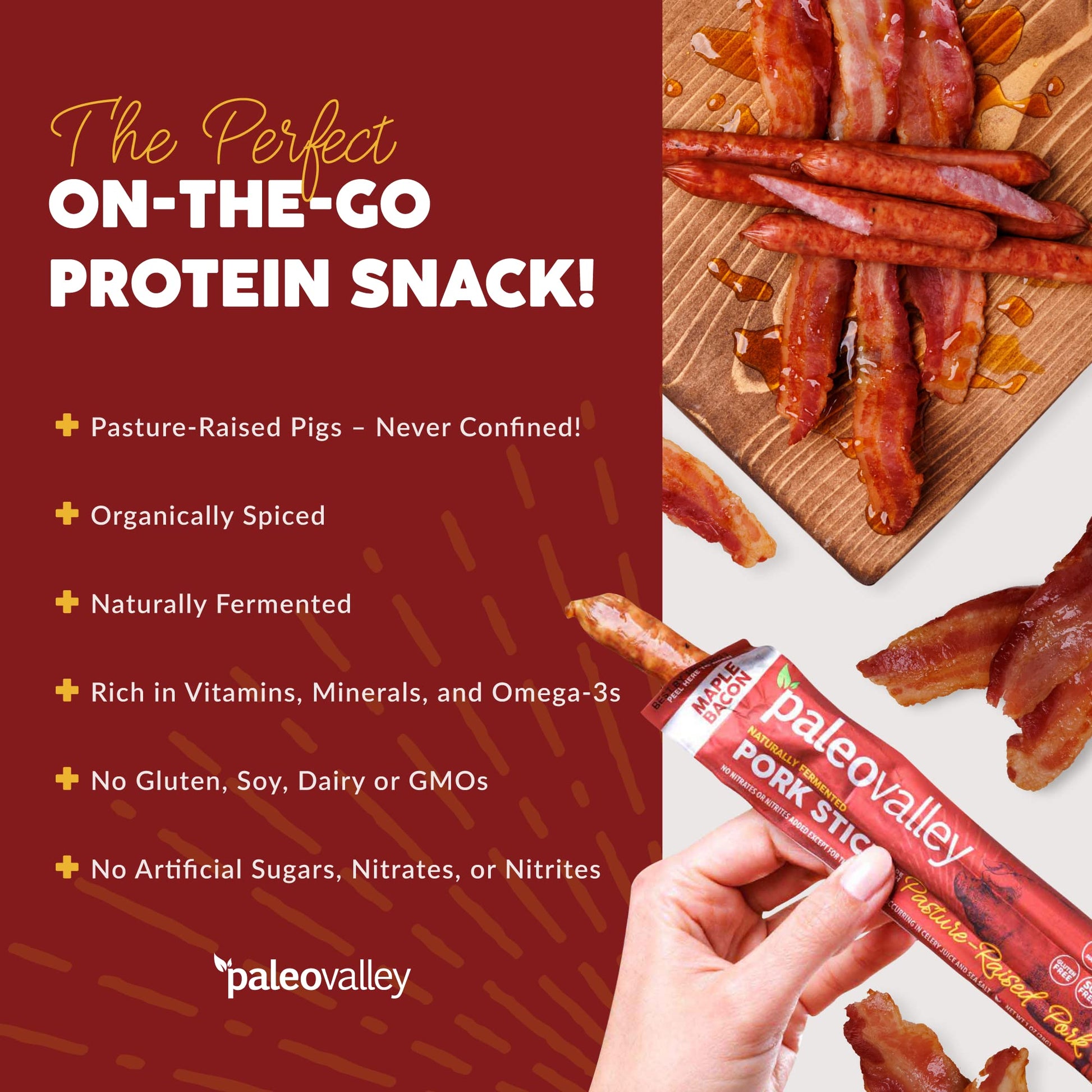 Paleovalley Pasture-Raised Pork Sticks - Maple Bacon Flavor Meat Sticks Individually Wrapped, 28g - 10 Sticks - Gluten-Free Protein Snack Paleovalley buy supplements canada