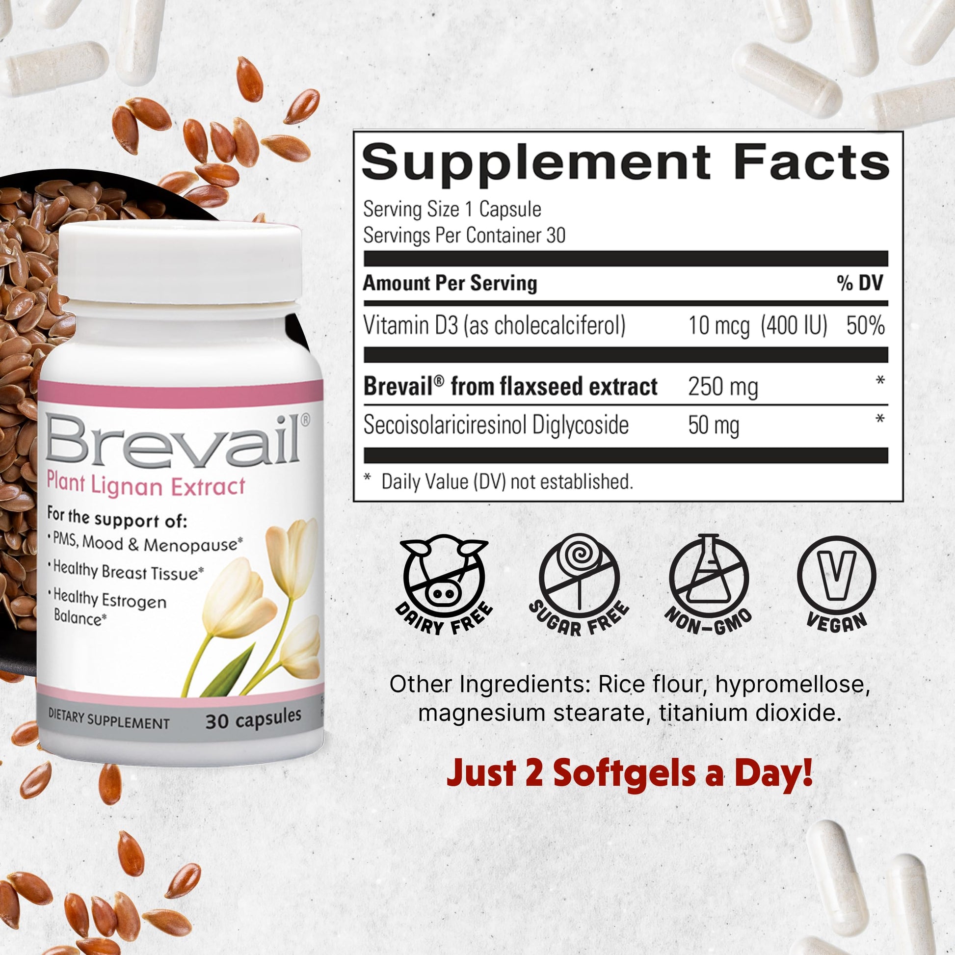 Brevail Plant Lignan Extract Capsules, Proactive Breast Health Supplement with 50 mg SDG Lignans from Flax Seed Hulls for Healthy Estrogen Balance and PMS Mood Support Pills, 30 Count Barlean's buy supplements canada