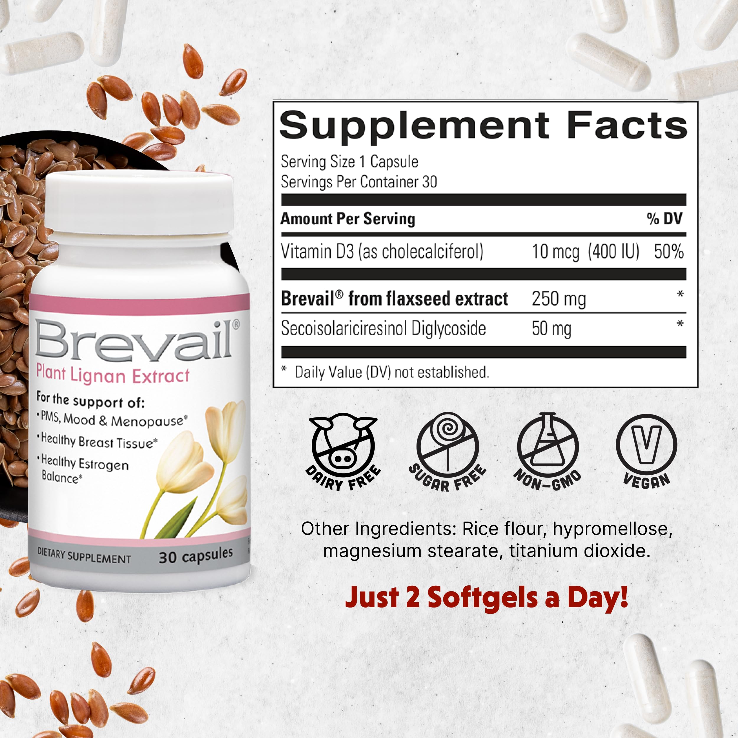 Brevail Plant Lignan Extract Capsules, Proactive Breast Health Supplement with 50 mg SDG Lignans from Flax Seed Hulls for Healthy Estrogen Balance and PMS Mood Support Pills, 30 Count Barlean's buy supplements canada
