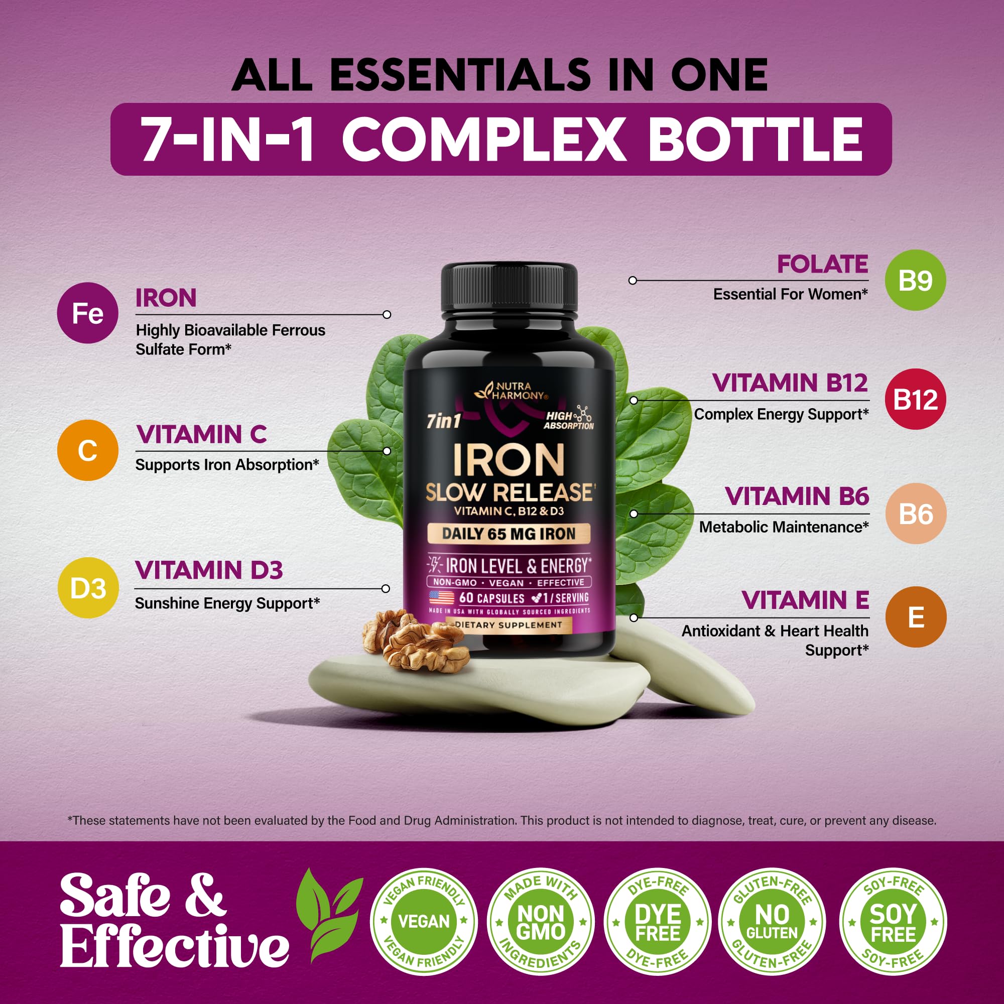 Iron Supplement for Women - Iron 65mg (Ferrous Sulfate 325mg) - Stomach Friendly | Slow Release Iron | High Absorption - Vitamins C, D3, B6, B12 & Folate NUTRAHARMONY buy supplements canada