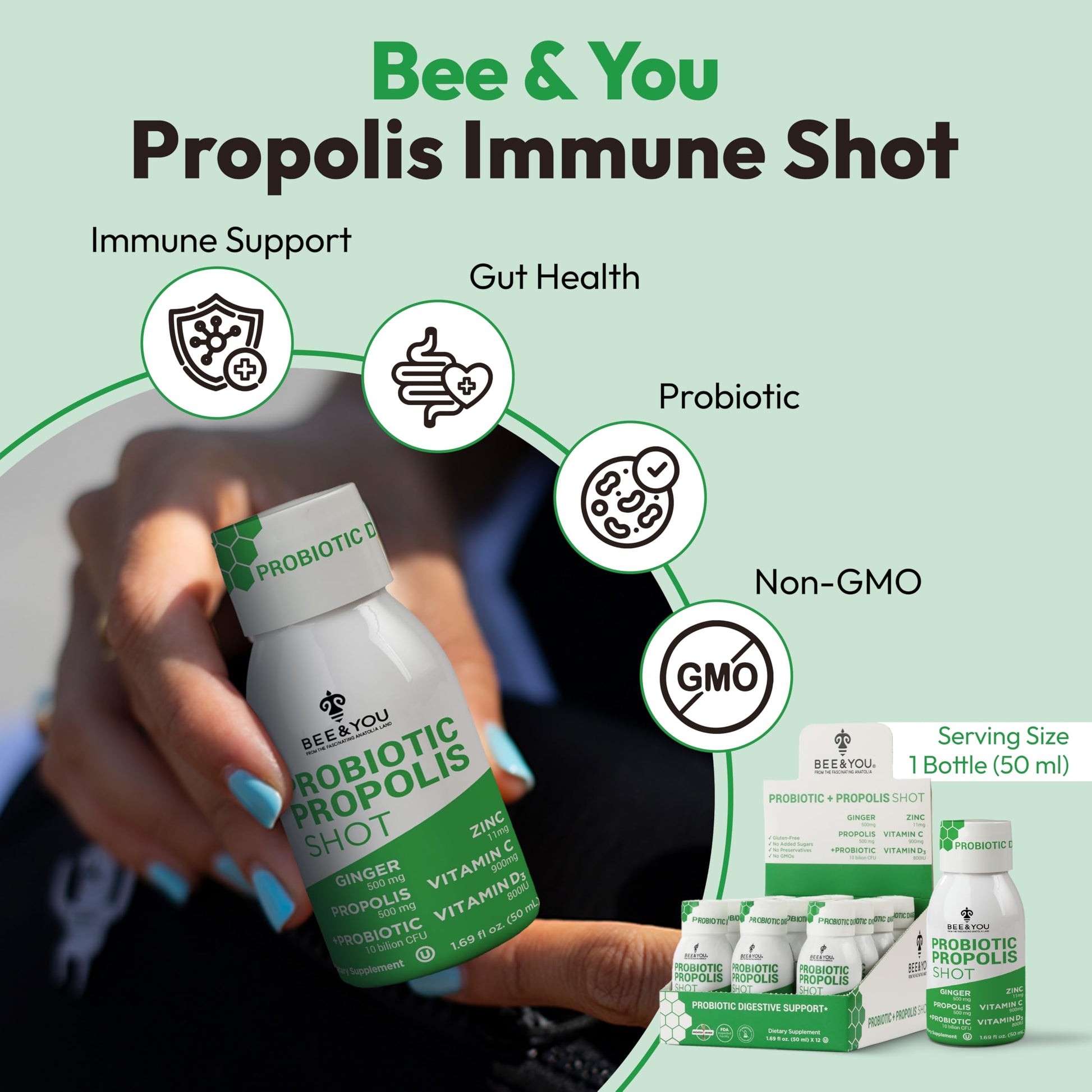 Bee and You Propolis Immune Shot, Probiotic, Vitamin C, Vitamin D3, Zinc, Ginger, Immune Support, Gut Health, Digestive Health, Bioactive 1.69 Fl. oz, 12 Pack BEE & YOU buy supplements canada