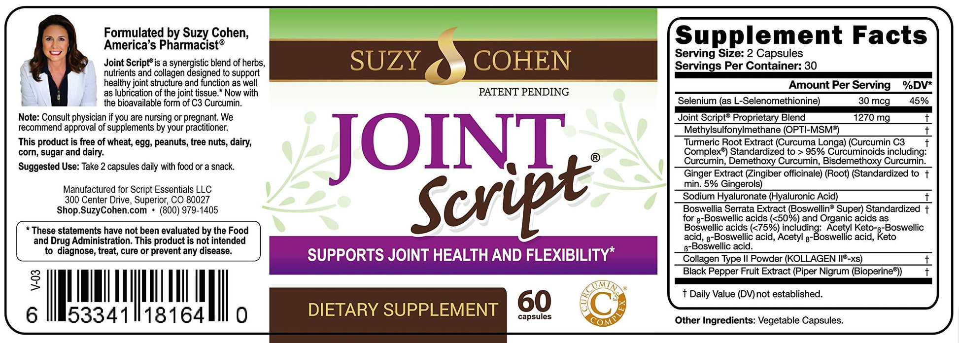 Suzy Cohen Joint Script Joint Support Supplement with Hyaluronic Acid, C3 Curcumin Turmeric Extract, MSM, Collagen Peptides, Ginger, and Boswellia for Maximum Flexibility, Tendon and Cartilage Health Script Essentials buy supplements canada