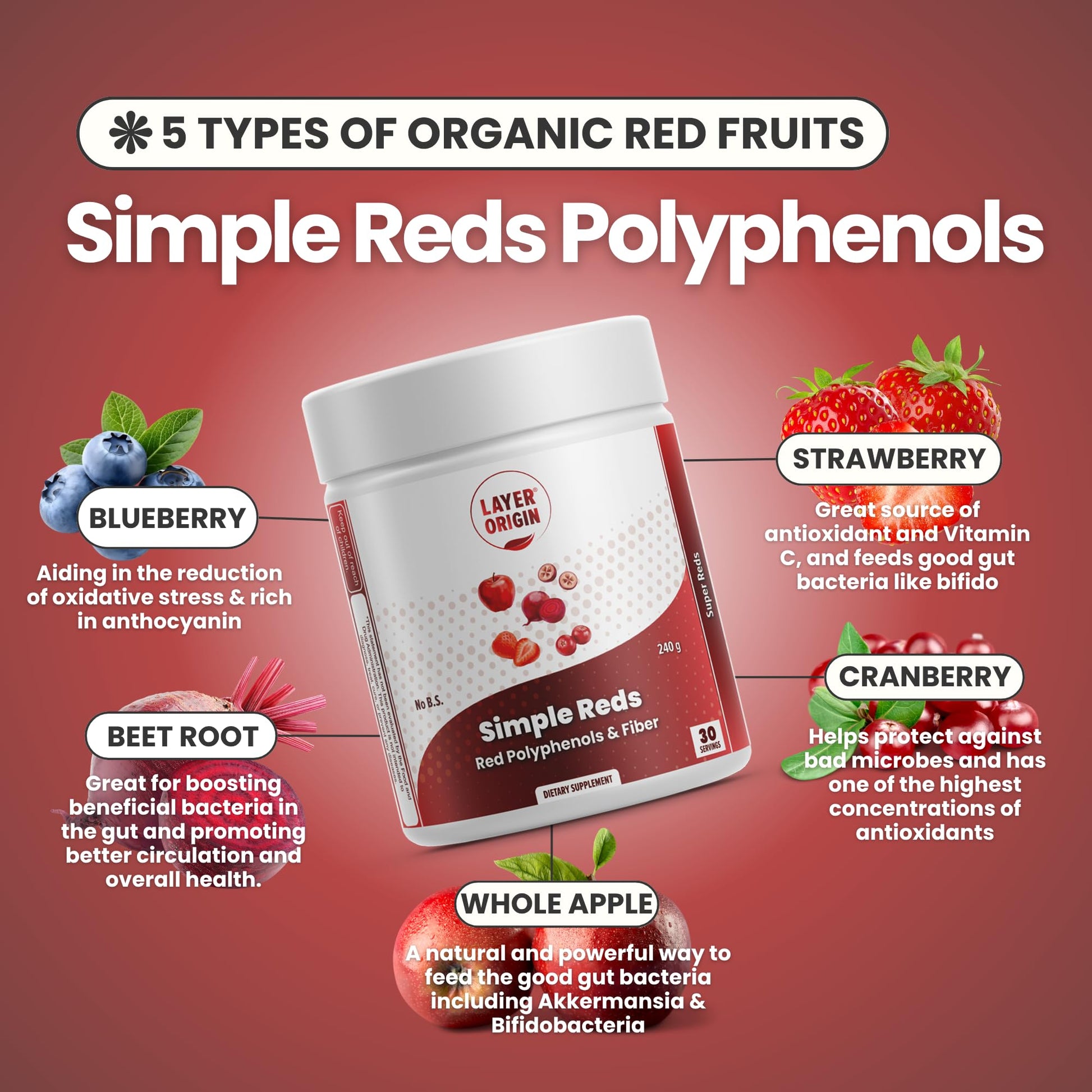 Layer Origin Simple Reds - Organic Red Polyphenols Whole Fruit Powder | Five Real Whole Fruits | 30 Servings Layer Origin buy supplements canada