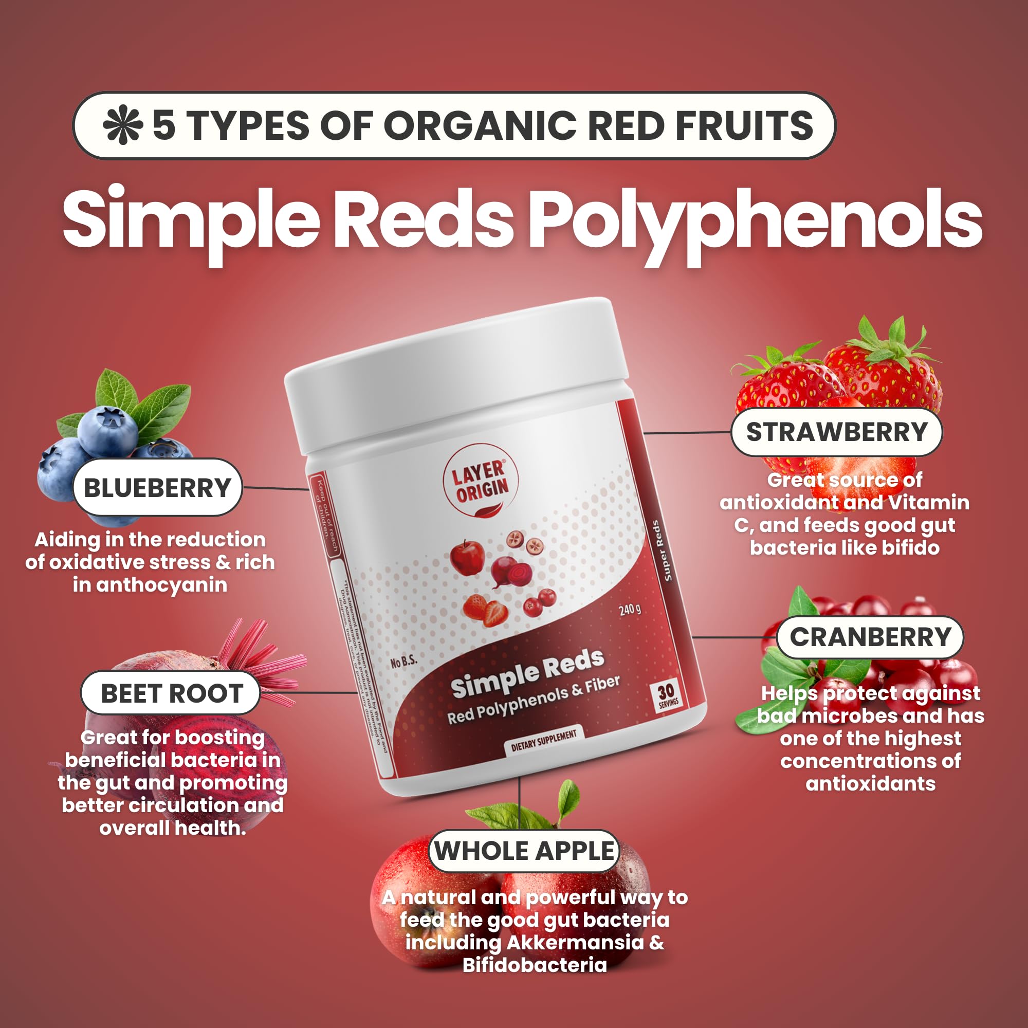 Layer Origin Simple Reds - Organic Red Polyphenols Whole Fruit Powder | Five Real Whole Fruits | 30 Servings Layer Origin buy supplements canada