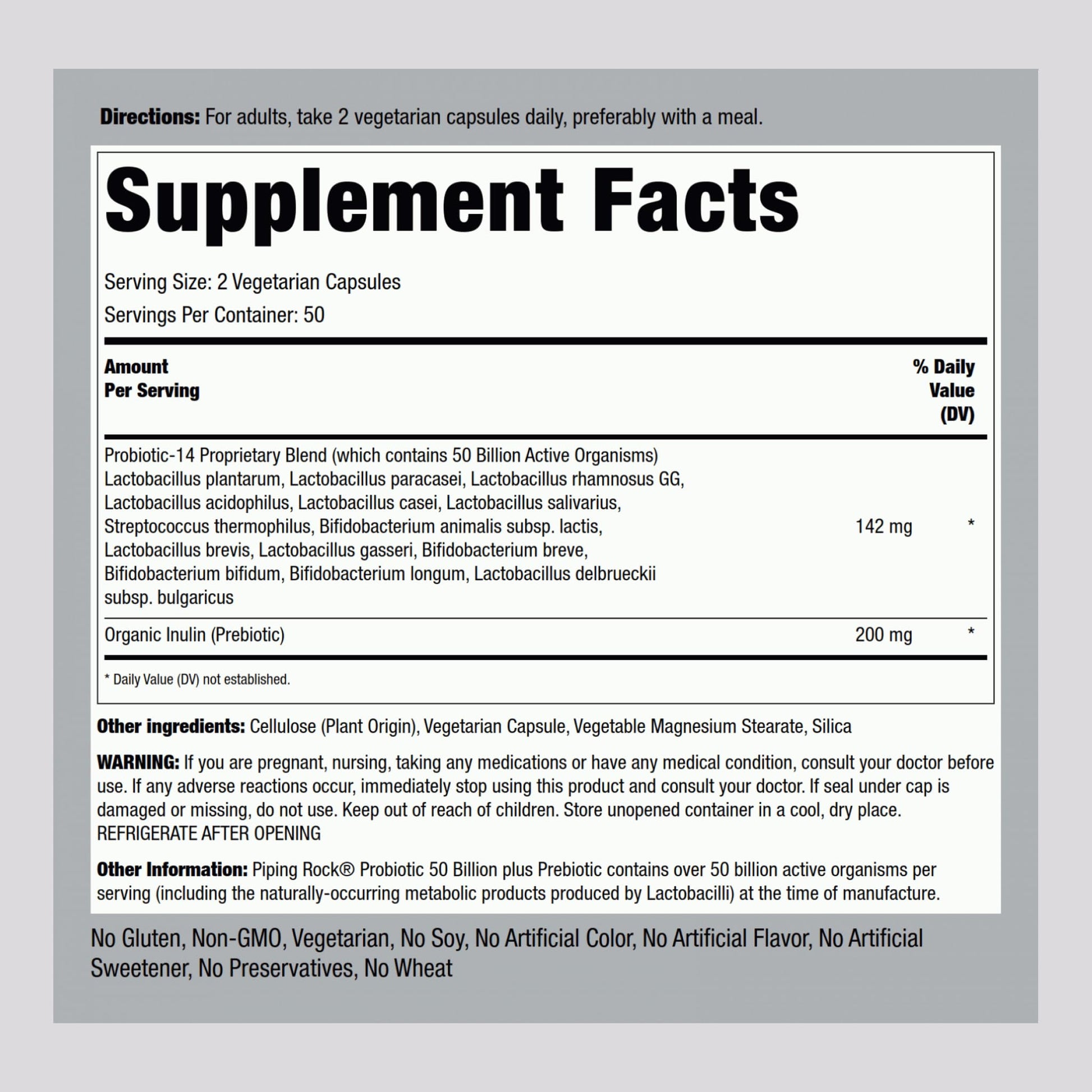 Piping Rock Probiotic and Prebiotic for Women and Men | 50 Billion CFU | 100 Capsules | Ultimate 14 Strain Supplement | Vegetarian, Non-GMO, Gluten Free Piping Rock buy supplements canada