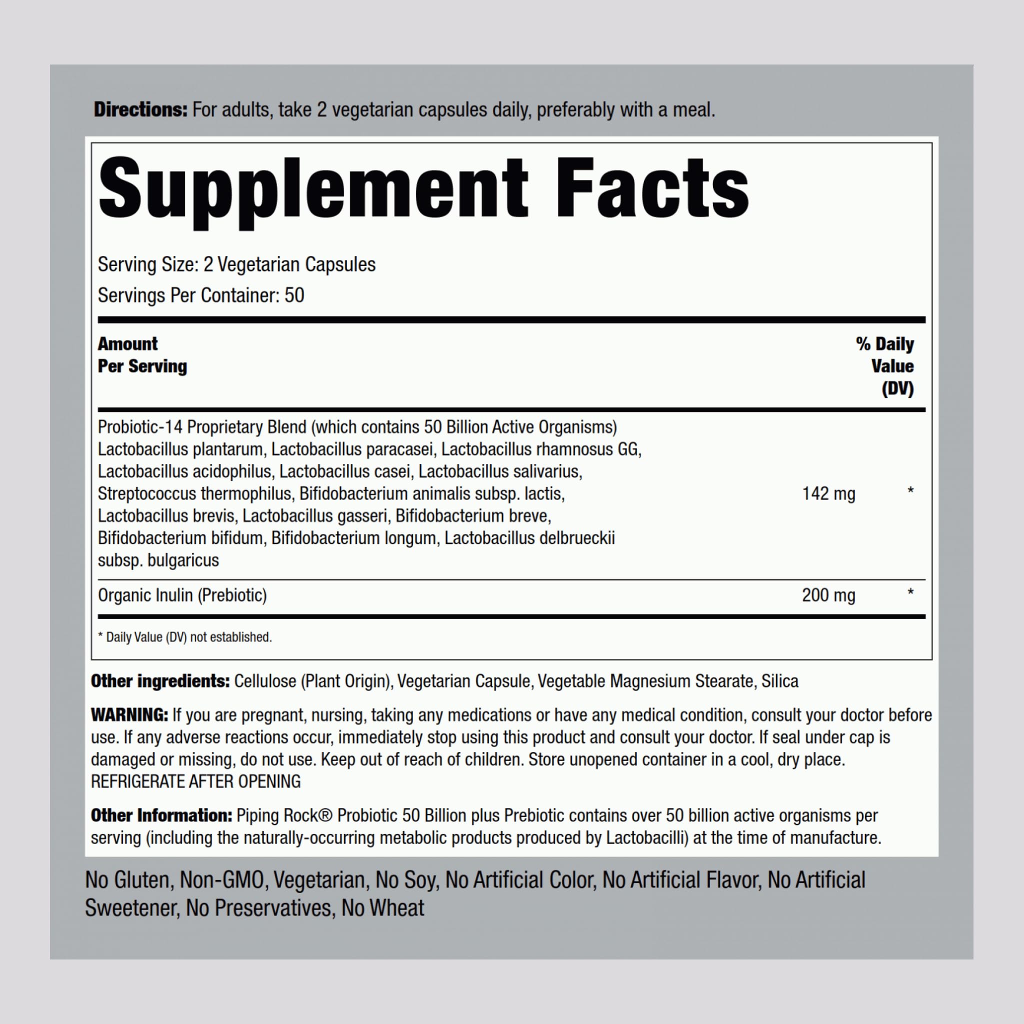 Piping Rock Probiotic and Prebiotic for Women and Men | 50 Billion CFU | 100 Capsules | Ultimate 14 Strain Supplement | Vegetarian, Non-GMO, Gluten Free Piping Rock buy supplements canada