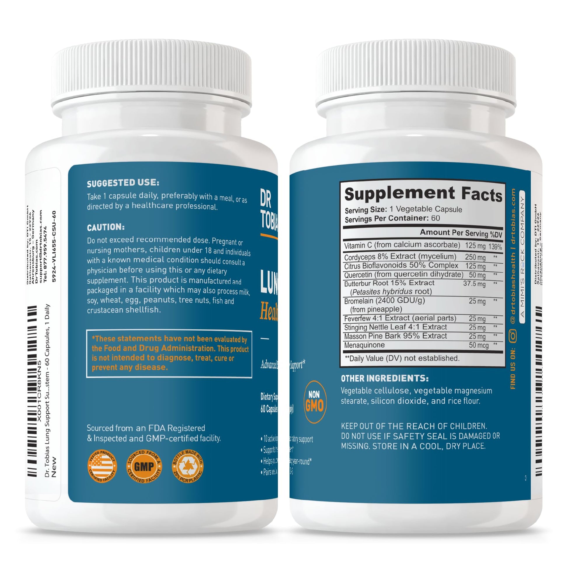 Dr. Tobias Lung Health - Lung Support Supplement with Vitamin C, Butterbur, Quercetin & Bromelain | Lung Cleanse & Detox Formula for Bronchial & Respiratory System Non-GMO (60 Capsules, 60 Servings) Dr. Tobias buy supplements canada