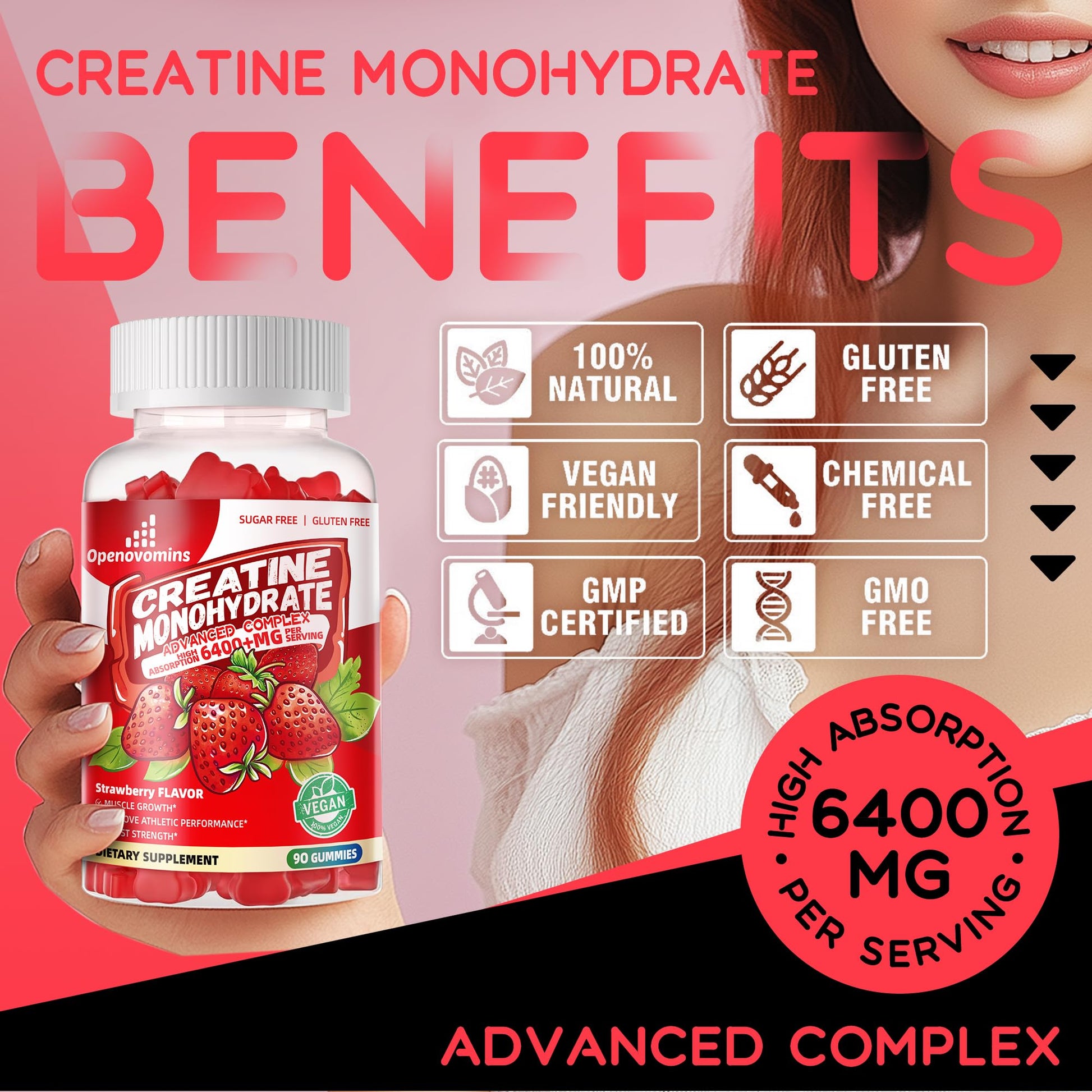 Creatine Monohydrate Gummies Complex for Men & Women -Advanced Formula W/L-Taurine + Vitamin B12, Sugar Free Chewable Supplement,90 Strawberry Gummies Openovomins buy supplements canada