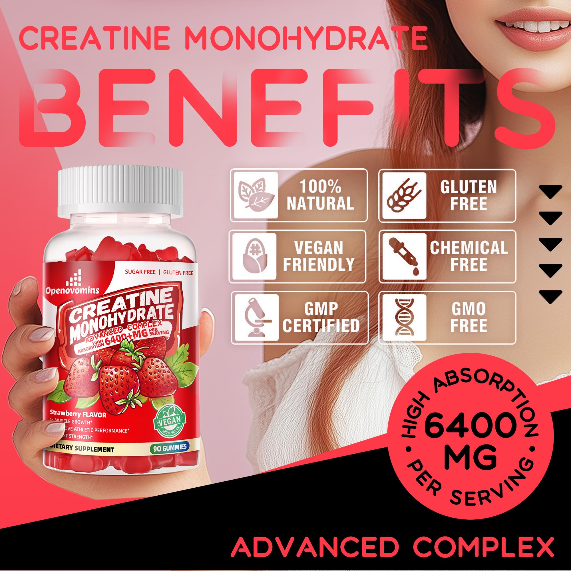 Creatine Monohydrate Gummies Complex for Men & Women -Advanced Formula W/L-Taurine + Vitamin B12, Sugar Free Chewable Supplement,90 Strawberry Gummies Openovomins buy supplements canada