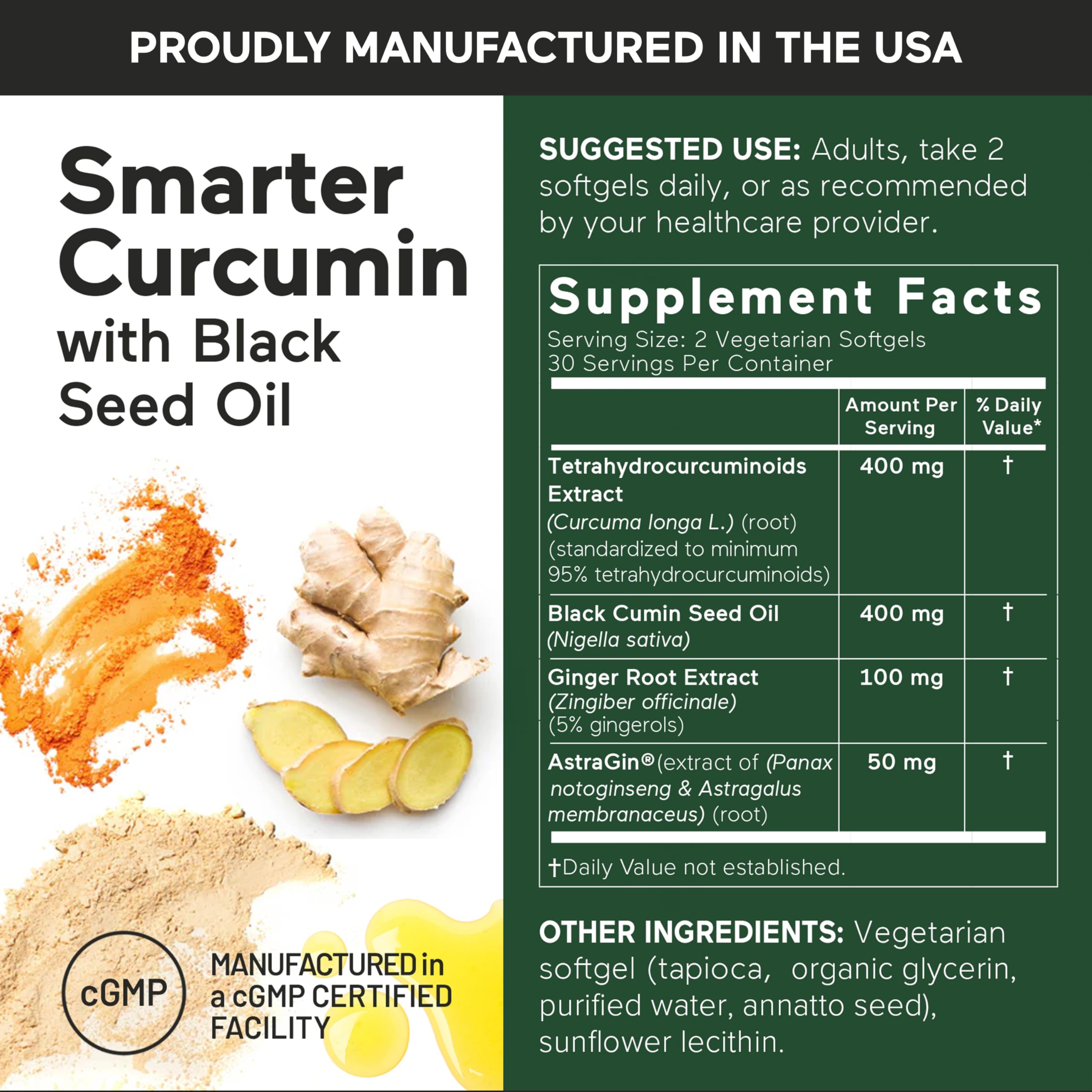 SMARTERNUTRITION Curcumin Softgels - Vegan High Absorption 400 mg Turmeric Supplement + Black Seed Oil & Ginger - 95% Tetrahydrocurcuminoids Non-GMO, USA Manufactured - 60 Ct[30 Servings] SMARTERNUTRITION buy supplements canada