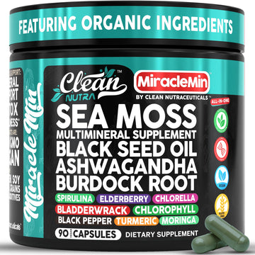 Clean Nutra Organic Sea Moss Capsules with Ashwagandha, Black Seed Oil, Burdock Root, Bladderwrack, Moringa, Chlorella, Spirulina, Turmeric, Elderberry, Amla – 90 Vegan Capsules – MiracleMin Clean Nutraceuticals buy supplements canada