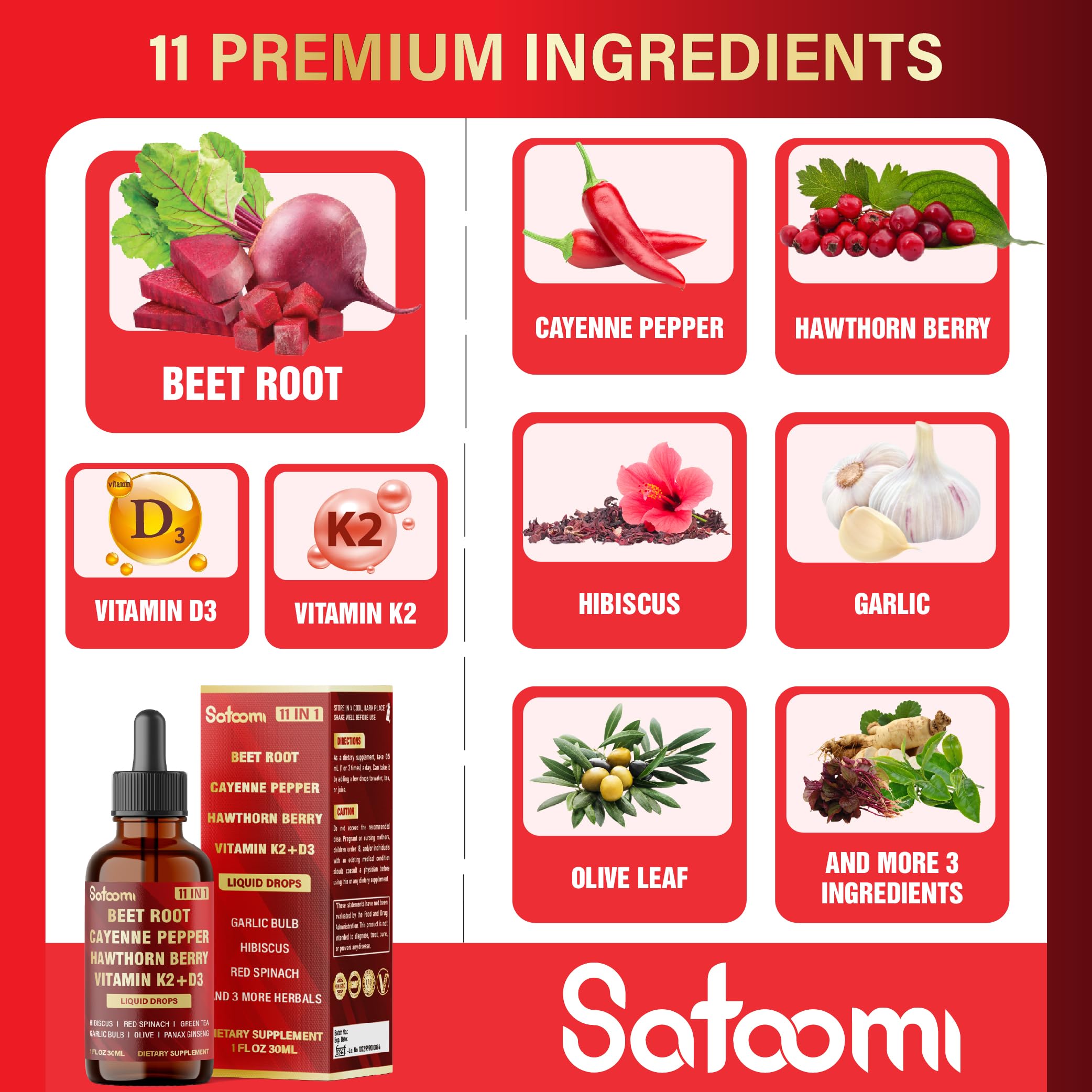 11in1 Beet Root Liquid Drops Supplement with Formula with D3, K2, Hawthorn, Red Spinach, Garlic & Green Tea and More - Supports Immune & Vitality - 1 FL Oz - for 60 Days Satoomi buy supplements canada