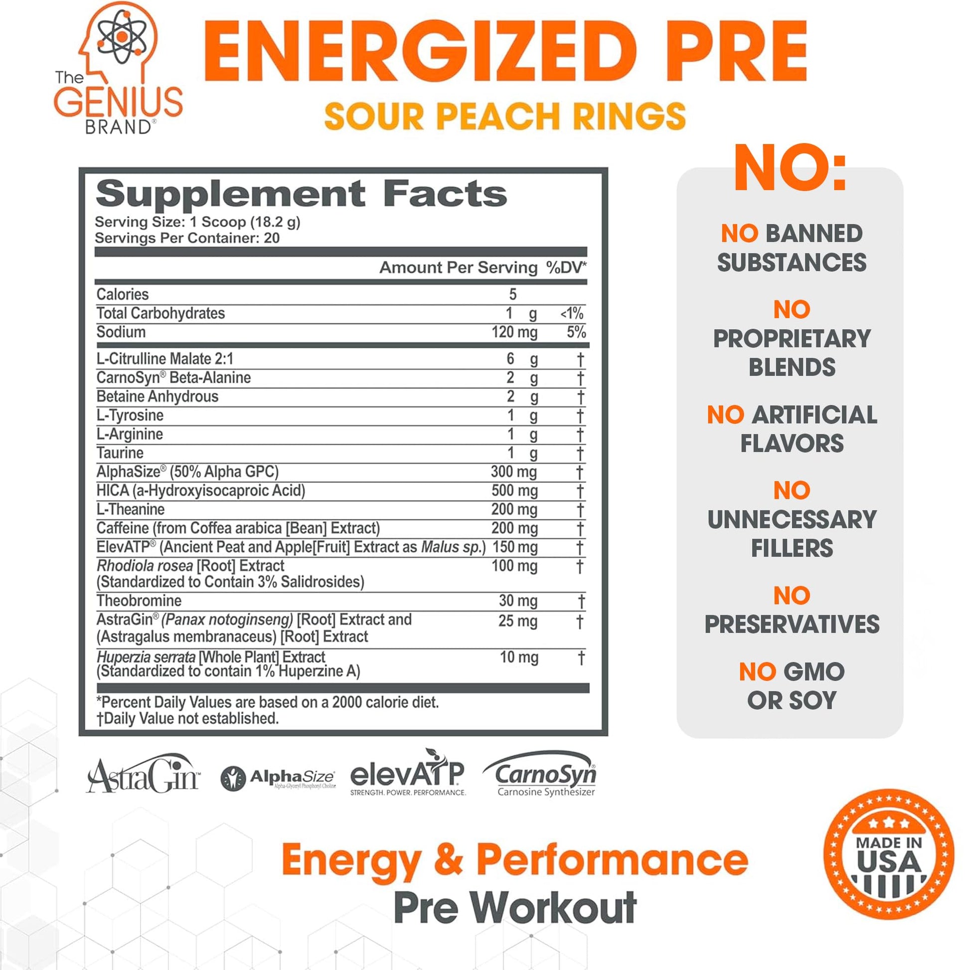 Genius Energized Pre Workout Powder – Caffeine Infused Pre-Workout Booster Supplement with Beta Alanine & Alpha GPC, No Artificial Sweeteners or Dyes - 200mg Caffeine, 20 Servings, Sour Peach Rings The Genius Brand buy supplements canada