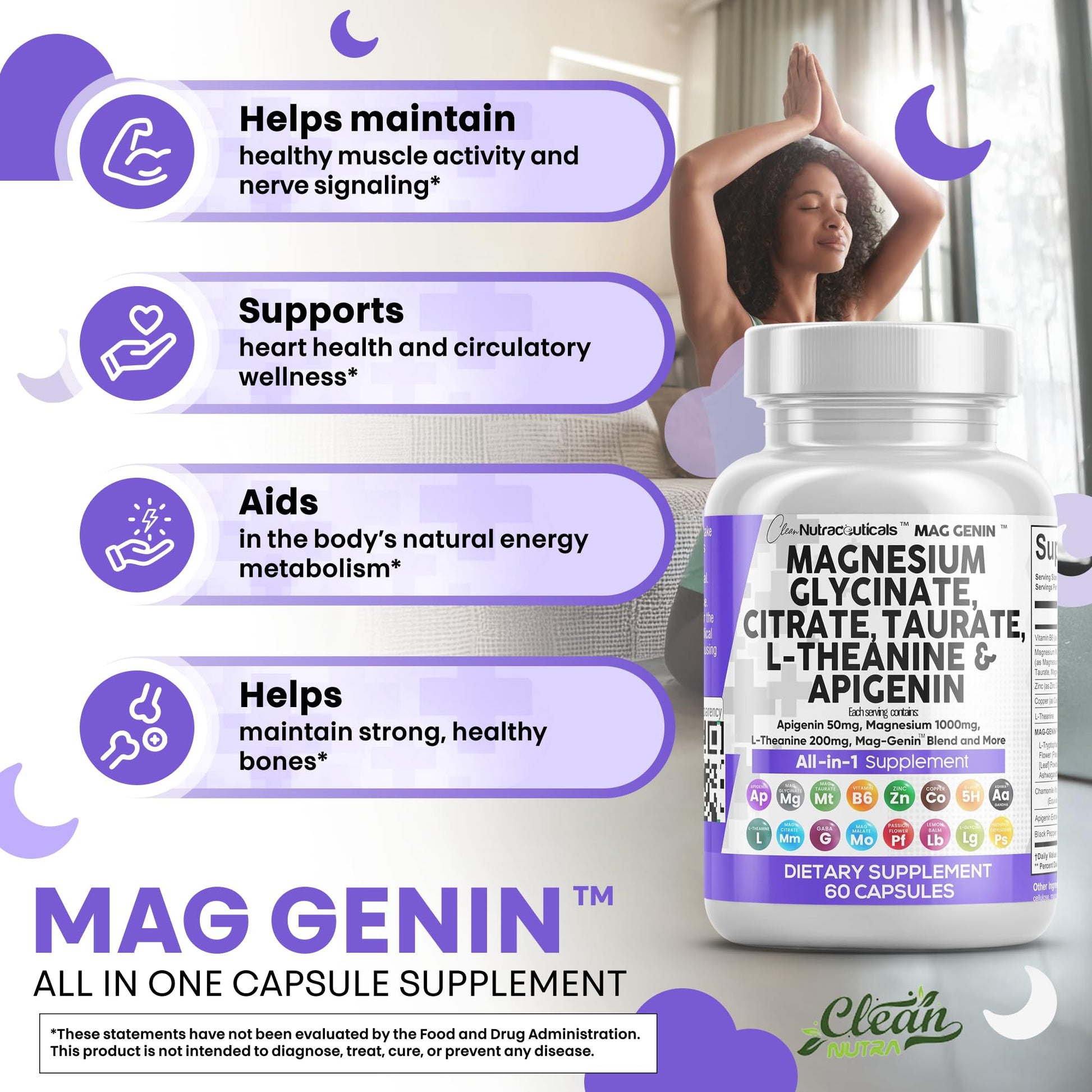 Clean Nutraceuticals Magnesium Glycinate Complex 1000mg with L-Theanine 200mg Apigenin 50mg Citrate Taurate Supplement - 5-HTP GABA Passion Flower Lemon Balm L-Glycine Phosphatidylserine - 60 Count Clean Nutraceuticals buy supplements canada