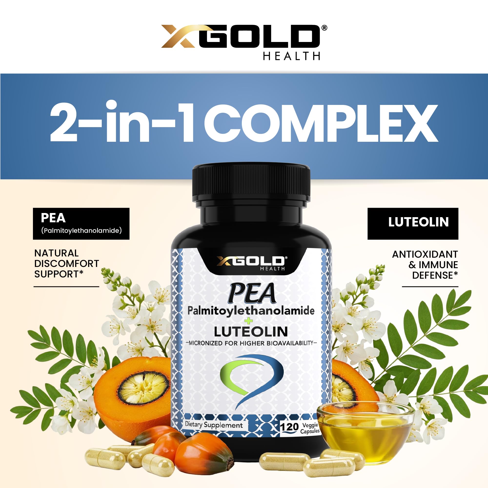 Palmitoylethanolamide 630 mg + Luteolin Standardized 98%- Micronized Pea 99% Highly Purified and Bioavailable - Made in USA - Supplement for Men and Women - 120 Veggie Capsules X Gold Health buy supplements canada