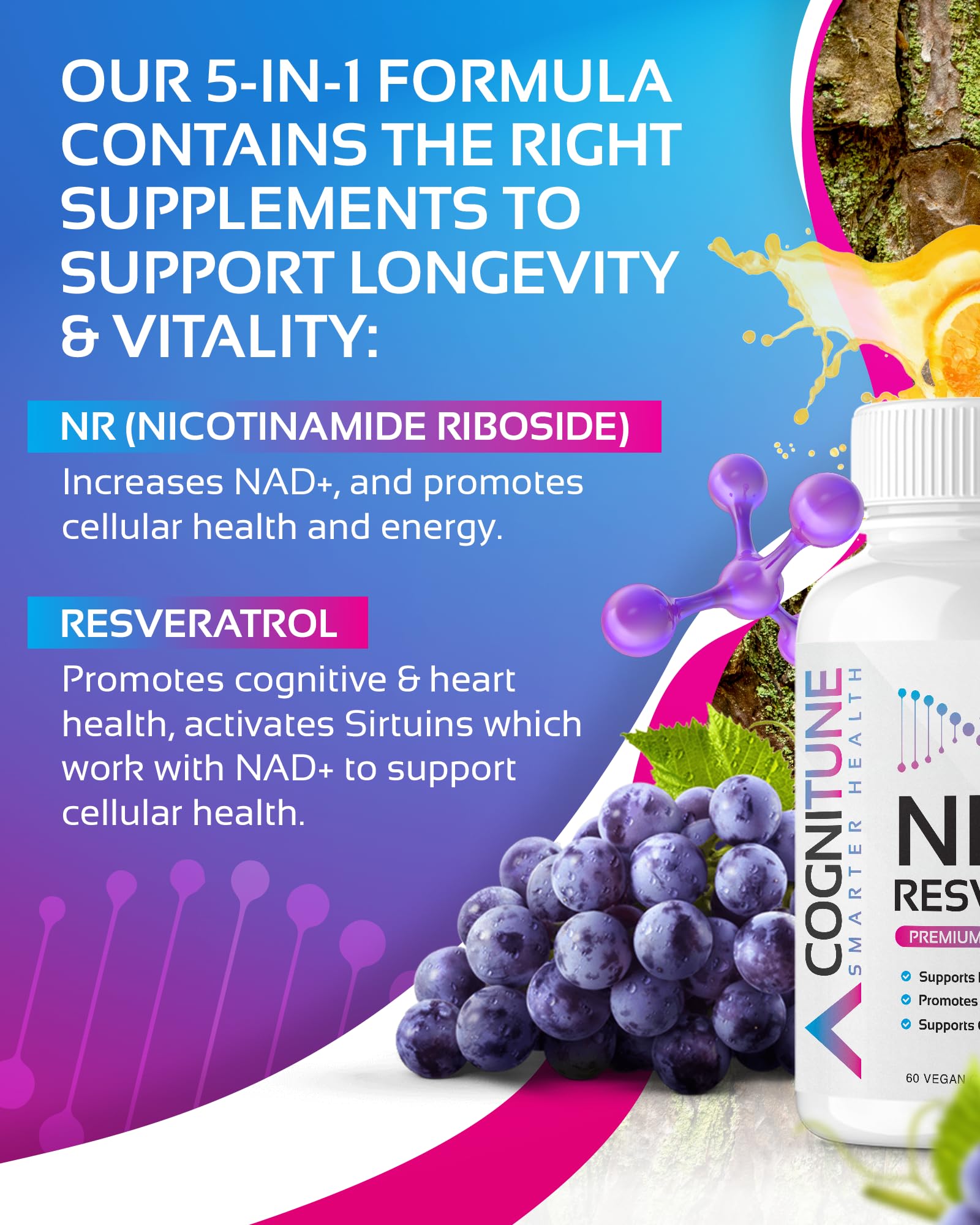 NR + Resveratrol Supplement - Increase NAD, DNA & Cellular Health, Longevity, Vitality. 5-in-1 Anti Aging Formula w/ Nicotinamide Riboside, Trans Resveratrol, Vitamin C, Grape Seed, Pine Bark CogniTune buy supplements canada