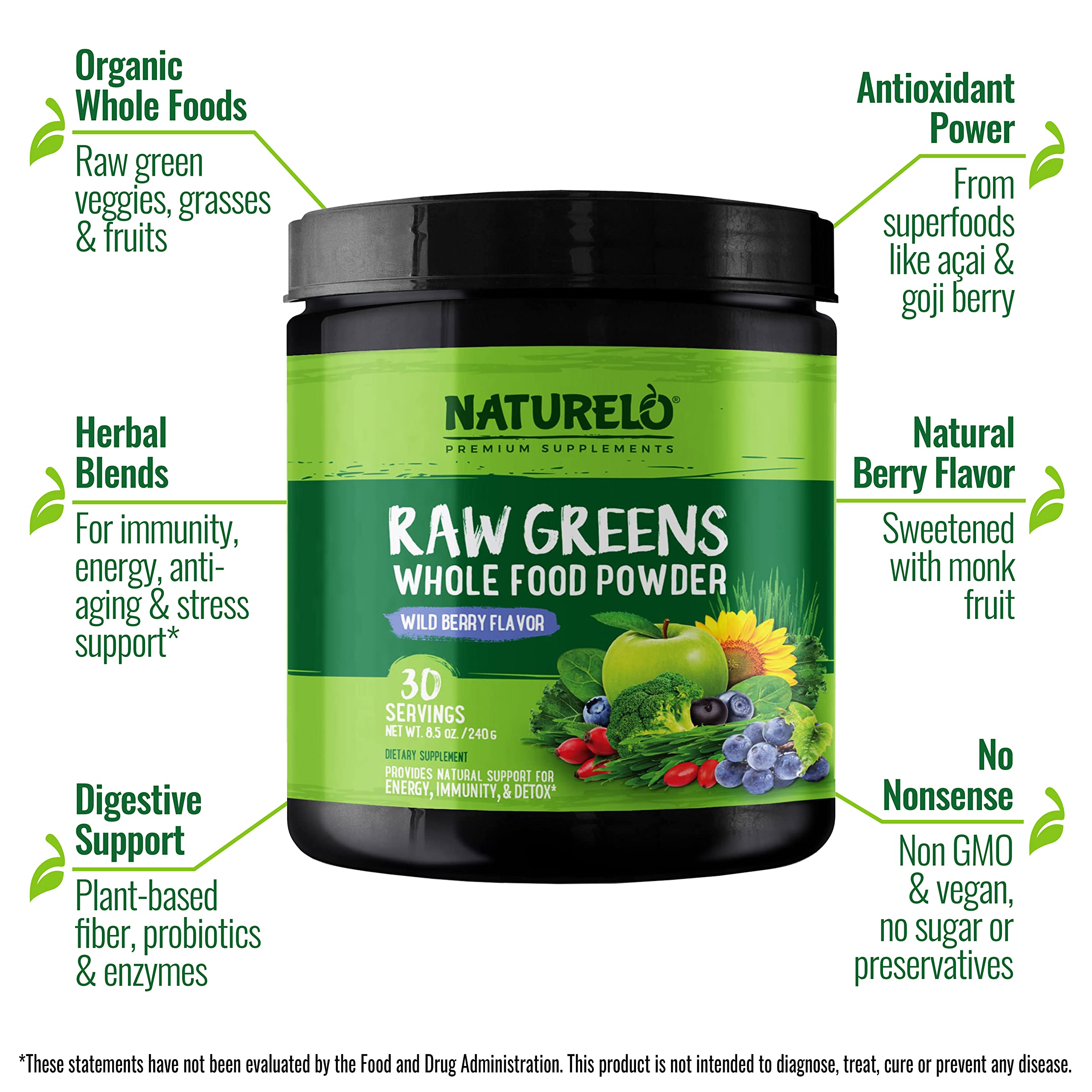NATURELO Raw Greens Superfood Powder - Wild Berry Flavor - Boost Ener NATURELO buy supplements canada
