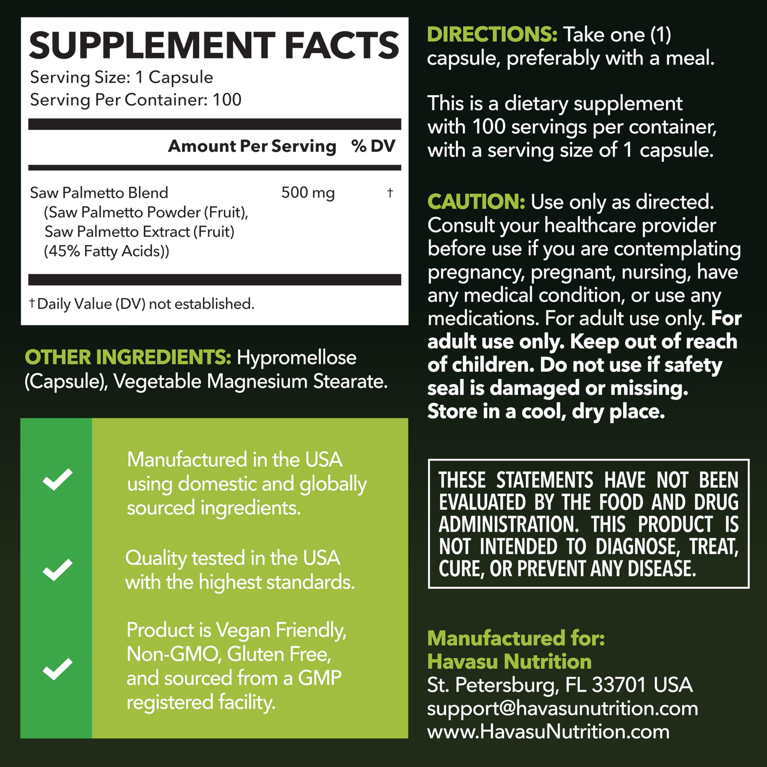 Saw Palmetto for Men Prostate Health Supplement to Promote Urinary Tract Function - 500mg Per Serving - 100 Count - DHT Blocker Hair Vitamin HAVASU NUTRITION buy supplements canada