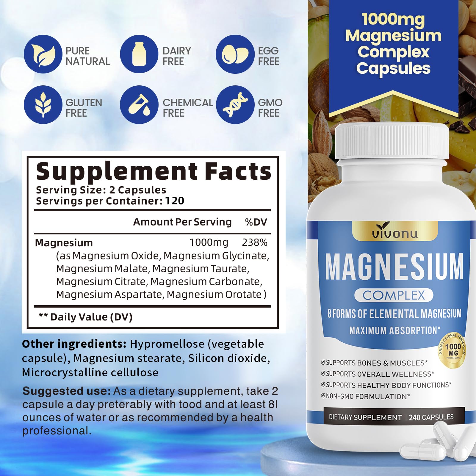 1000mg Magnesium Complex Capsules, 8-in-1 Magnesium Glycinate, Citrate, Malate, Taurate, Oxide, Carbonate, Aspartate, Orotate - 240 Capsules VivoNu buy supplements canada