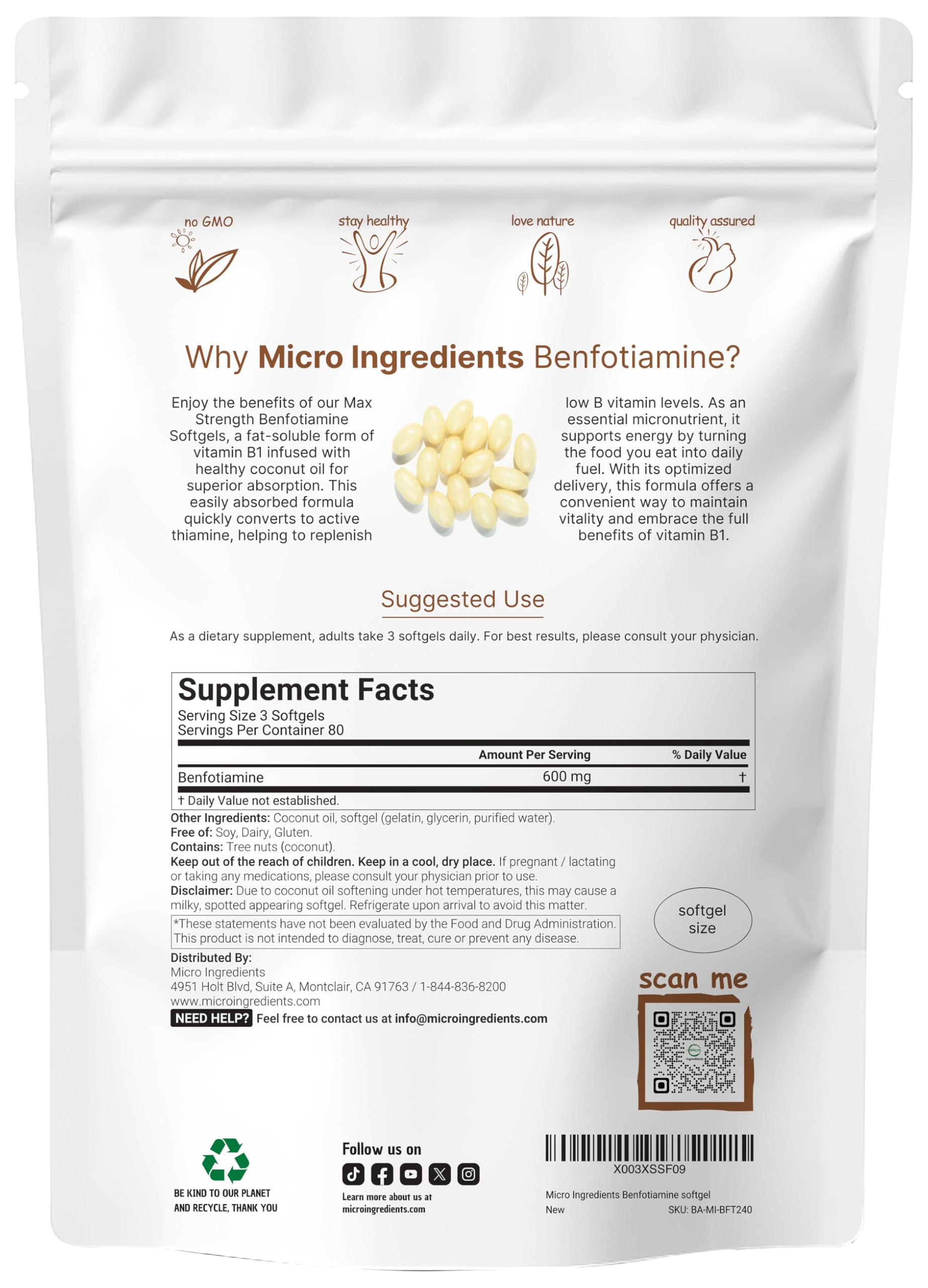 Vitamin B1 Benfotiamine 600mg Per Serving, 240 Coconut Oil Softgels | Bioavailable B Vitamins Supplement, Converted to Active Thiamine | Non-GMO, Soy Free Micro Ingredients buy supplements canada