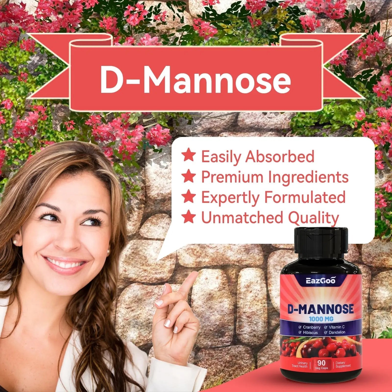EAZGOO D-Mannose Supplement – 1000mg Capsules with Cranberry, Vitamin C, Hibiscus & Dandelion Extract, Support Urinary Health, D Mannose & Cranberry Capsules, 90 Count(Pack of 2) EAZGOO buy supplements canada
