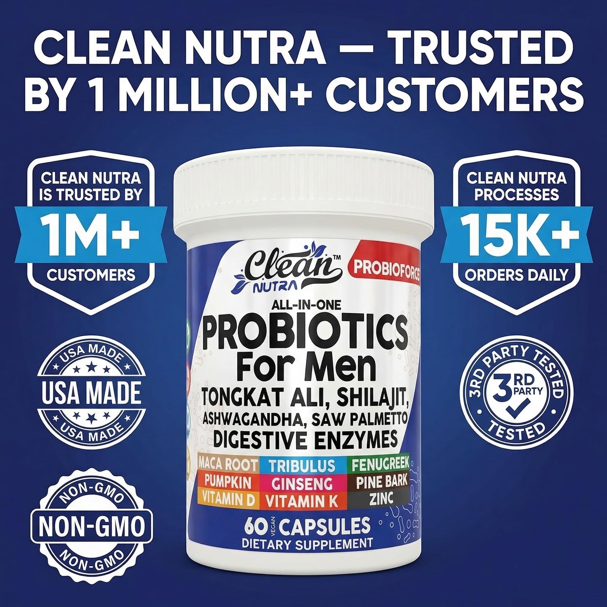 Clean Nutra Probiotics for Men | Tongkat Ali, Saw Palmetto, Tribulus, Ginseng, Ashwagandha, Maca, Pumpkin, Gingko Biloba, Pine Bark, Fenugreek, Shilajit, Zinc - Mens Probiotic 60 Capsules Clean Nutraceuticals buy supplements canada