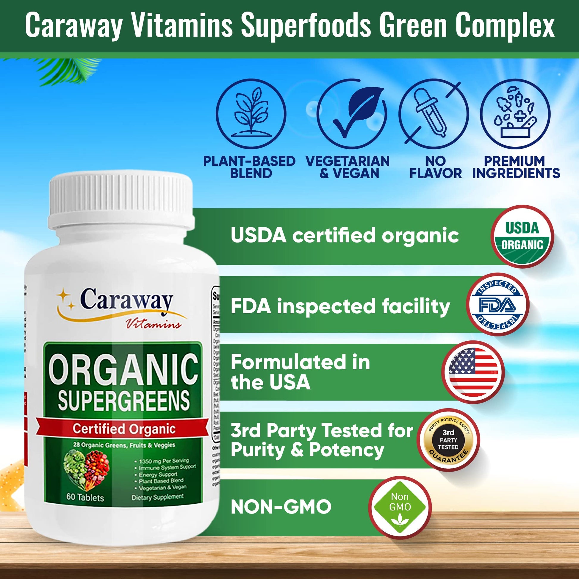 Organic Superfoods Vitamins Super Greens Complex by Caraway Vitamins 1,350 mg per Serving 28 Fruits Vegetables Greens 60 Count Tablets Non-GMO Natural for Men & Women Caraway Vitamins buy supplements canada