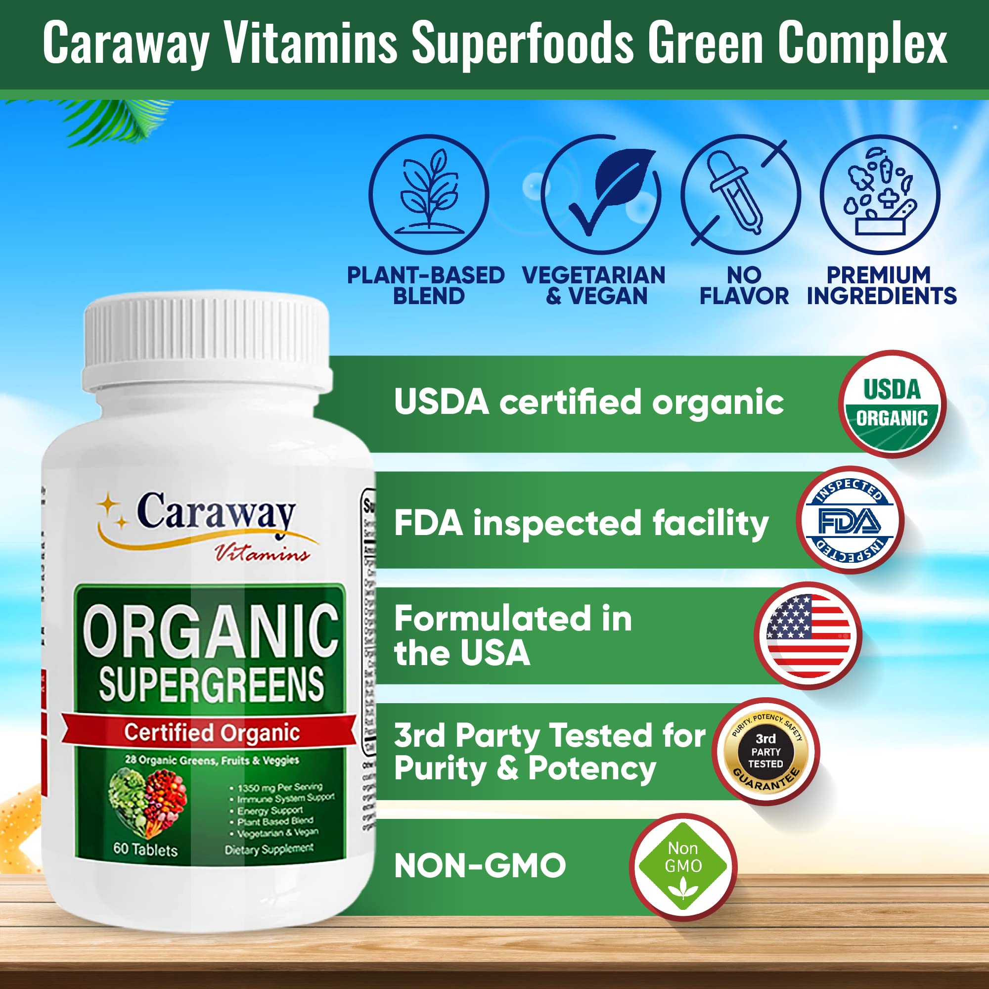 Organic Superfoods Vitamins Super Greens Complex by Caraway Vitamins 1,350 mg per Serving 28 Fruits Vegetables Greens 60 Count Tablets Non-GMO Natural for Men & Women Caraway Vitamins buy supplements canada