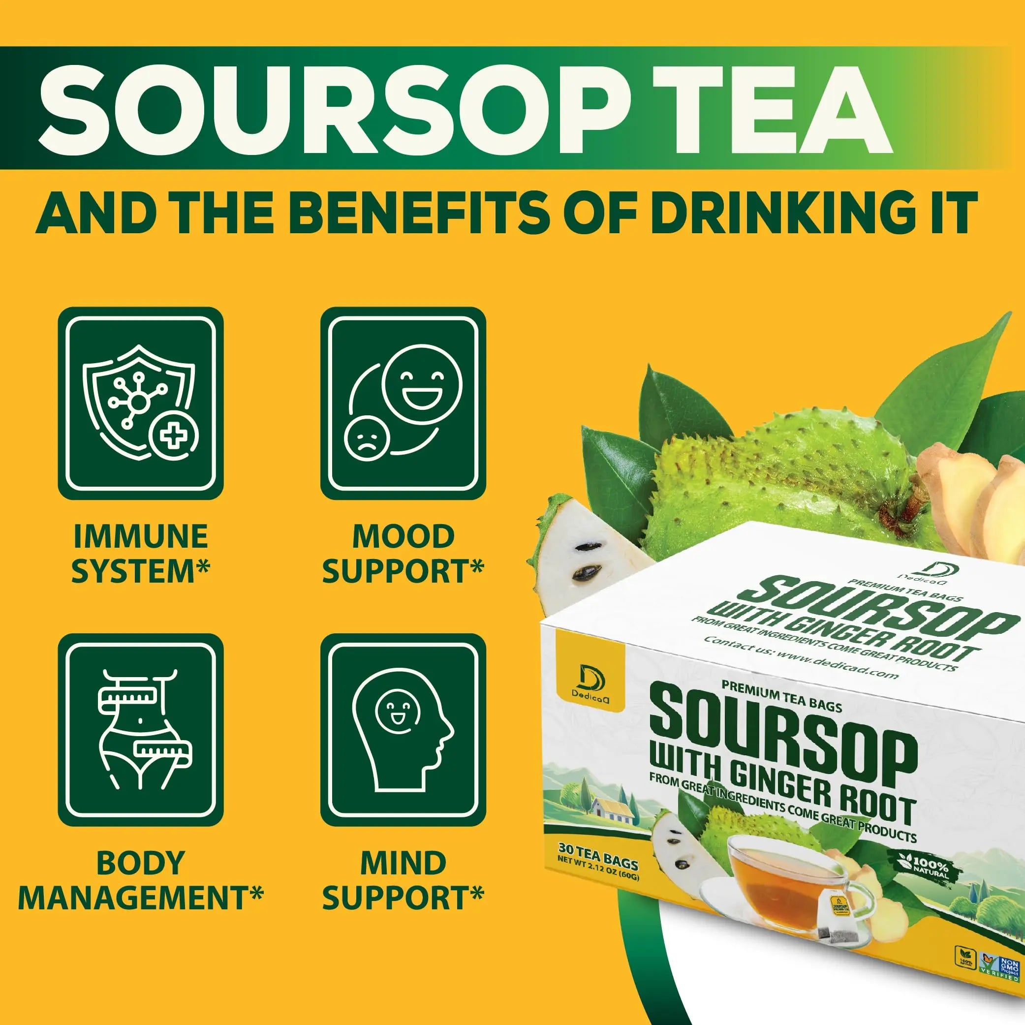 DEDICAD Soursop Leaves Tea Bags with Ginger, 30 Tea bags, 2gr/bag - Non-GMO/Caffeine free - Support Digestion, Well Skin, Immune System DEDICAD buy supplements canada