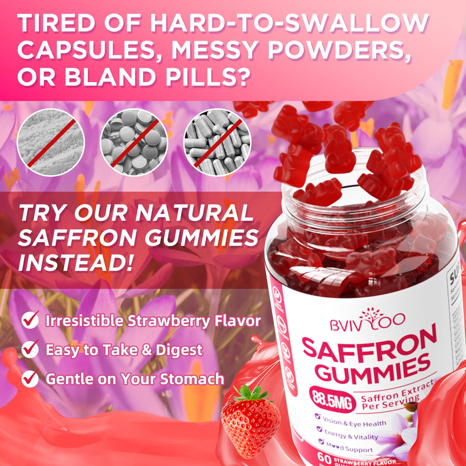 Saffron Gummies for Adult Kids, 10-IN-1 Formula with Saffron 88.5mg, Vitamins D3 & B6, Magnesium, Zinc, Ashwagandha, L-Theanine, St. John's Wort - Supports Mood & Focus, Strawberry Flavor, 60 Count BVIVLOO buy supplements canada
