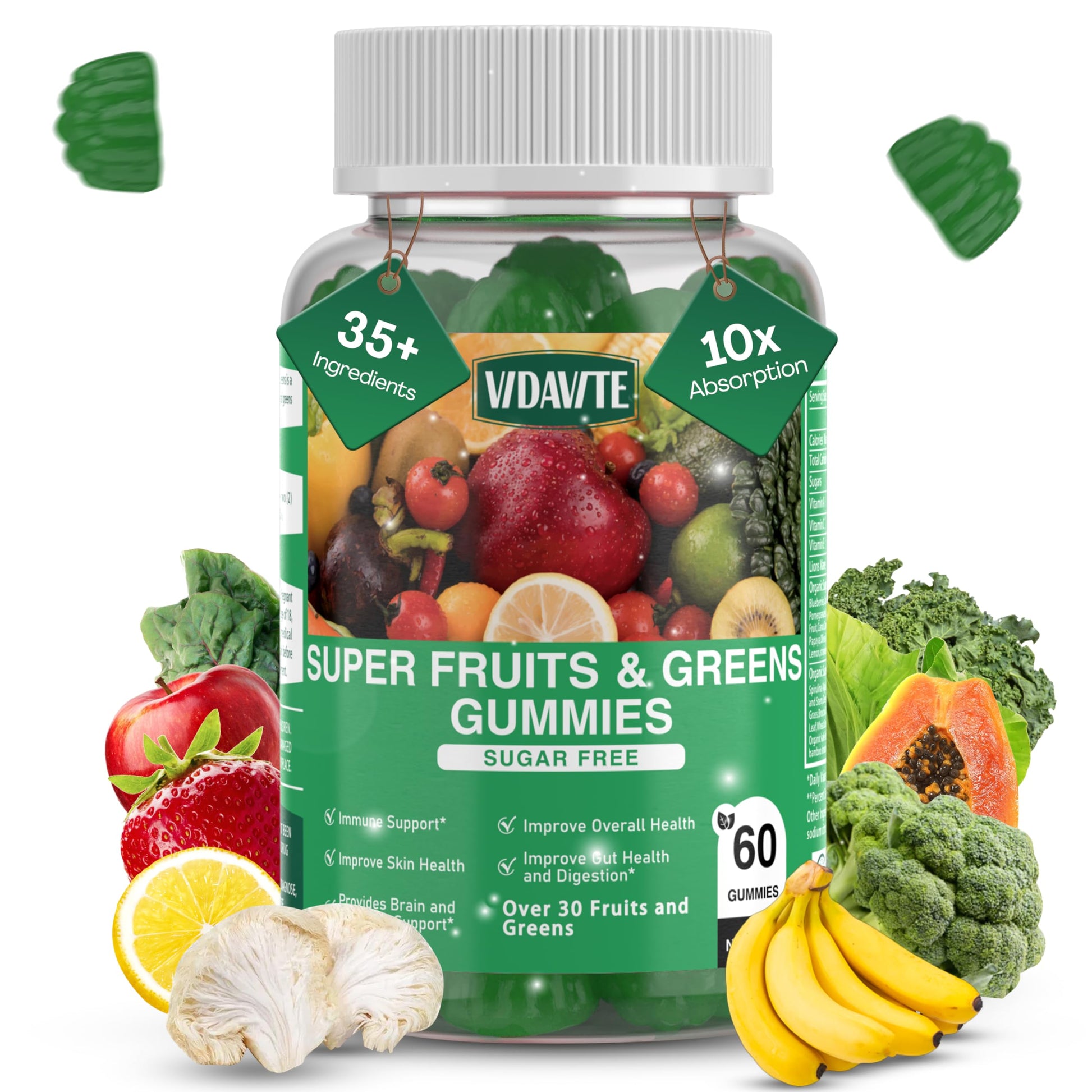 VIDAVITE Sugar-free Super Greens Gummies — US-Made, 35+ Fruit and Veggie gummies to Boost Immunity, Skin & Gut Health — Ideal Fruits and Vegetables Supplement VIDAVITE buy supplements canada