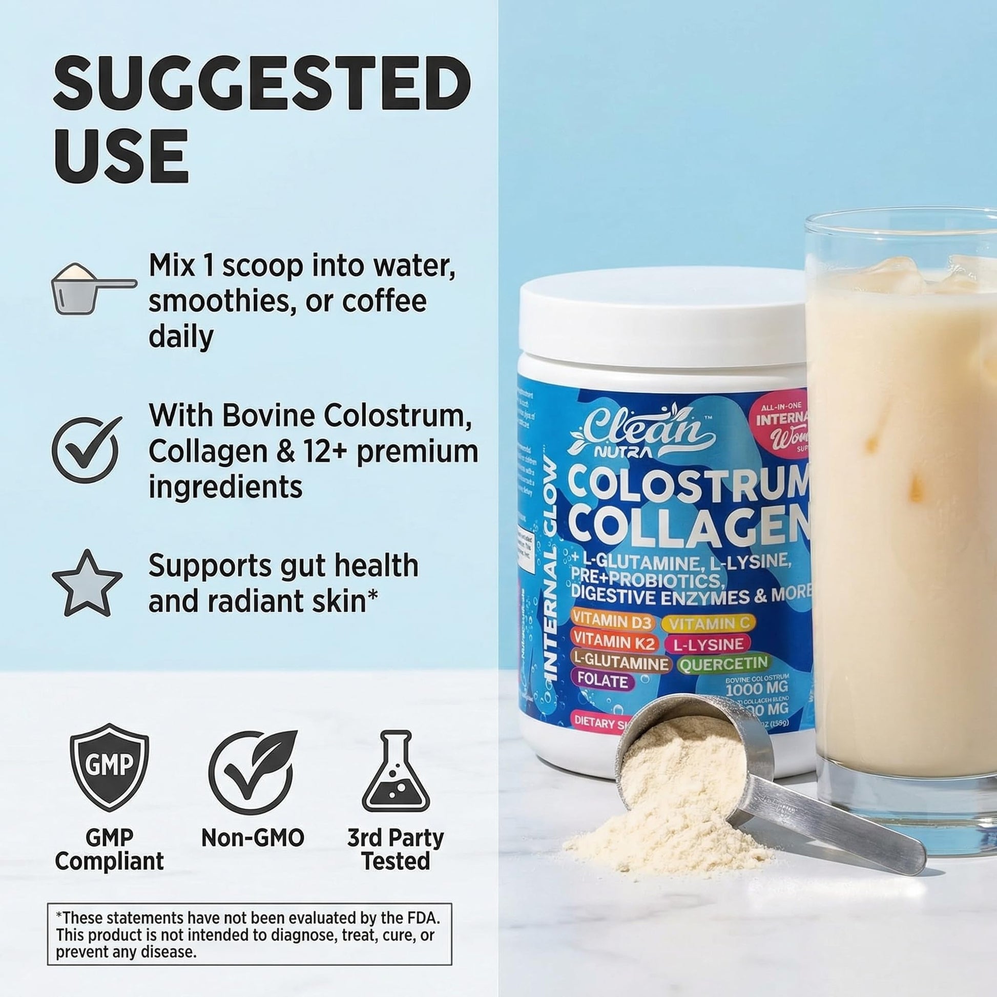Bovine Colostrum Powder + Collagen Peptides with L-Glutamine L-Lysine Prebiotics Probiotics Digestive Enzymes Vitamin D K2 C Quercetin & Folate | Gut Health Supplement Internal Glow By Clean Nutra Clean Nutraceuticals buy supplements canada
