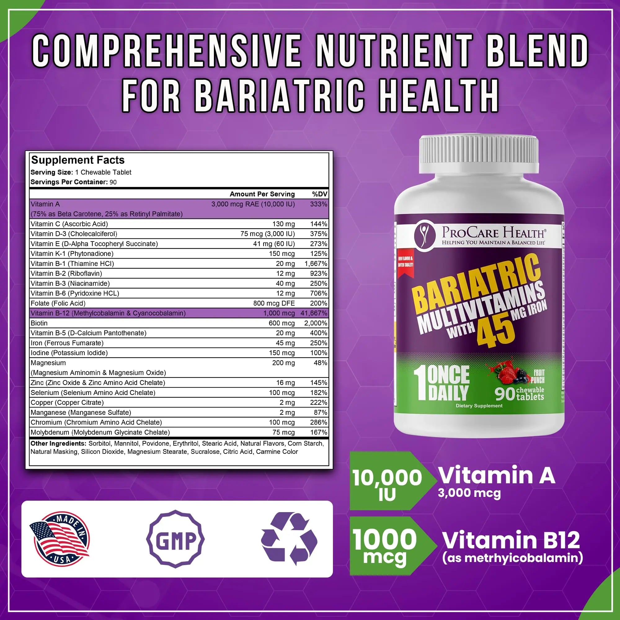Procare Health Bariatric Multivitamin with Iron 45mg Chewable (90 Tablets) - Fruit Punch Flavor Bariatric Multivitamin Chewable Pills for Gastric Bypass ProCare Health buy supplements canada