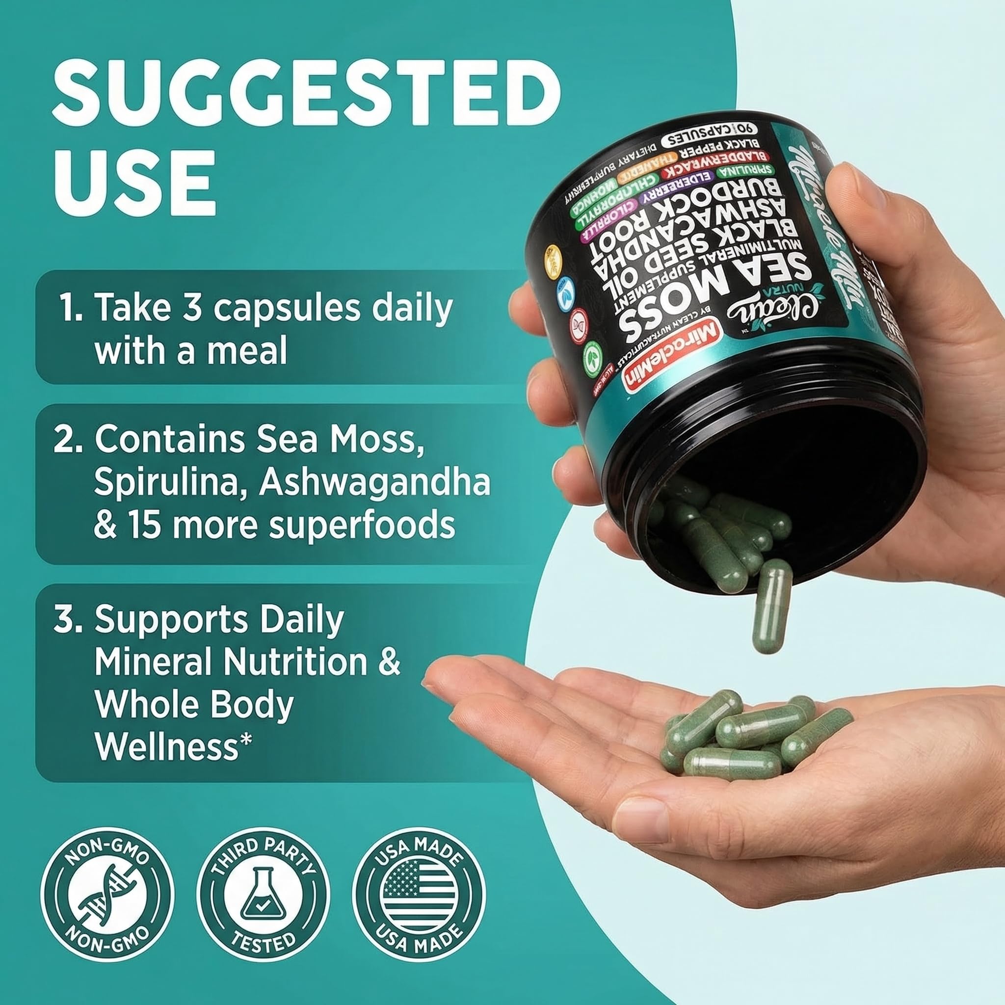 Clean Nutra Organic Sea Moss Capsules with Ashwagandha, Black Seed Oil, Burdock Root, Bladderwrack, Moringa, Chlorella, Spirulina, Turmeric, Elderberry, Amla – 90 Vegan Capsules – MiracleMin Clean Nutraceuticals buy supplements canada