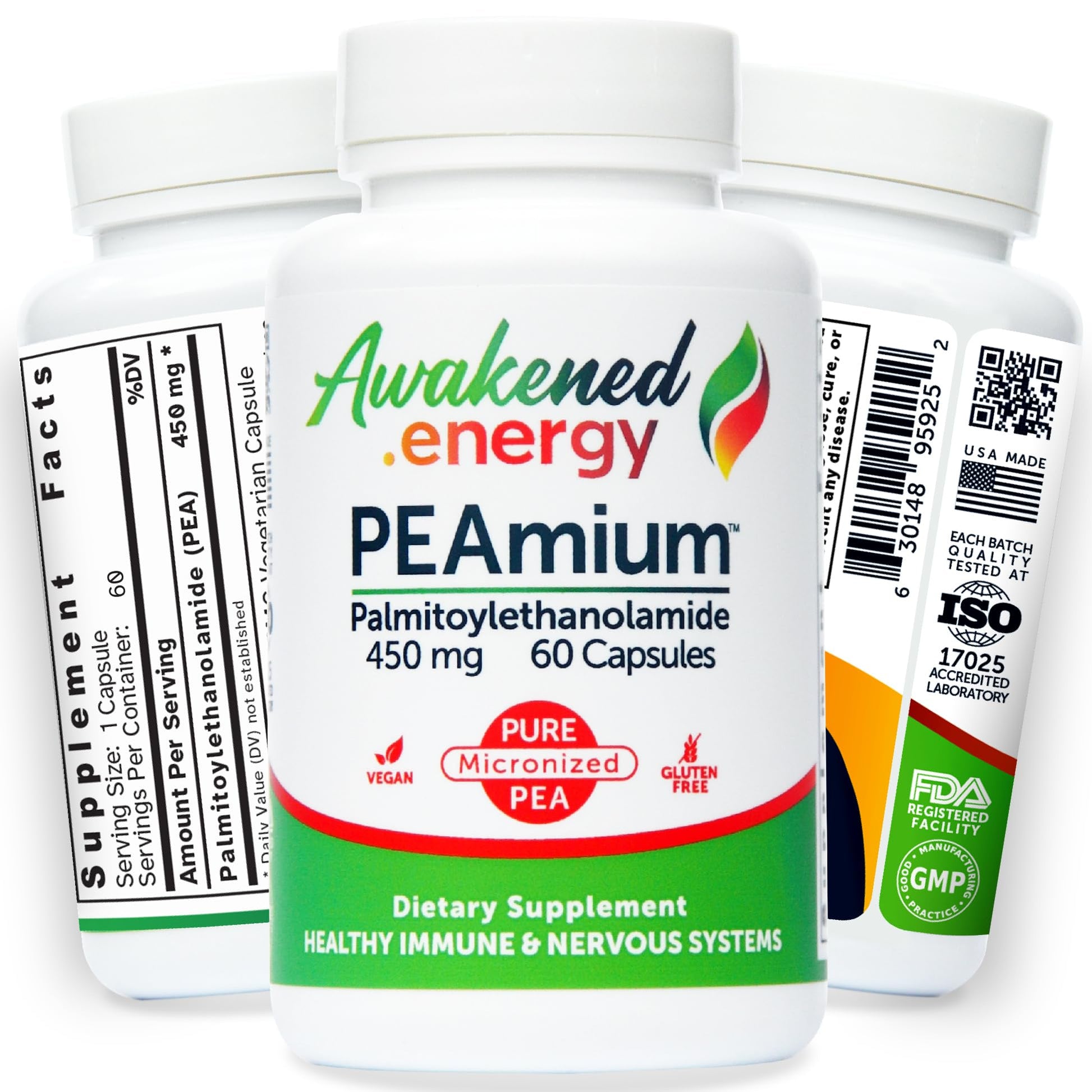 Palmitoylethanolamide 450mg Comfort Mobility Nerves Cognitive & Immune Support - Micronized High Absorption - All Natural Pea - USA Made - No Additives or Excipients – 60 Vegan Capsules Supplement Awakened.energy buy supplements canada