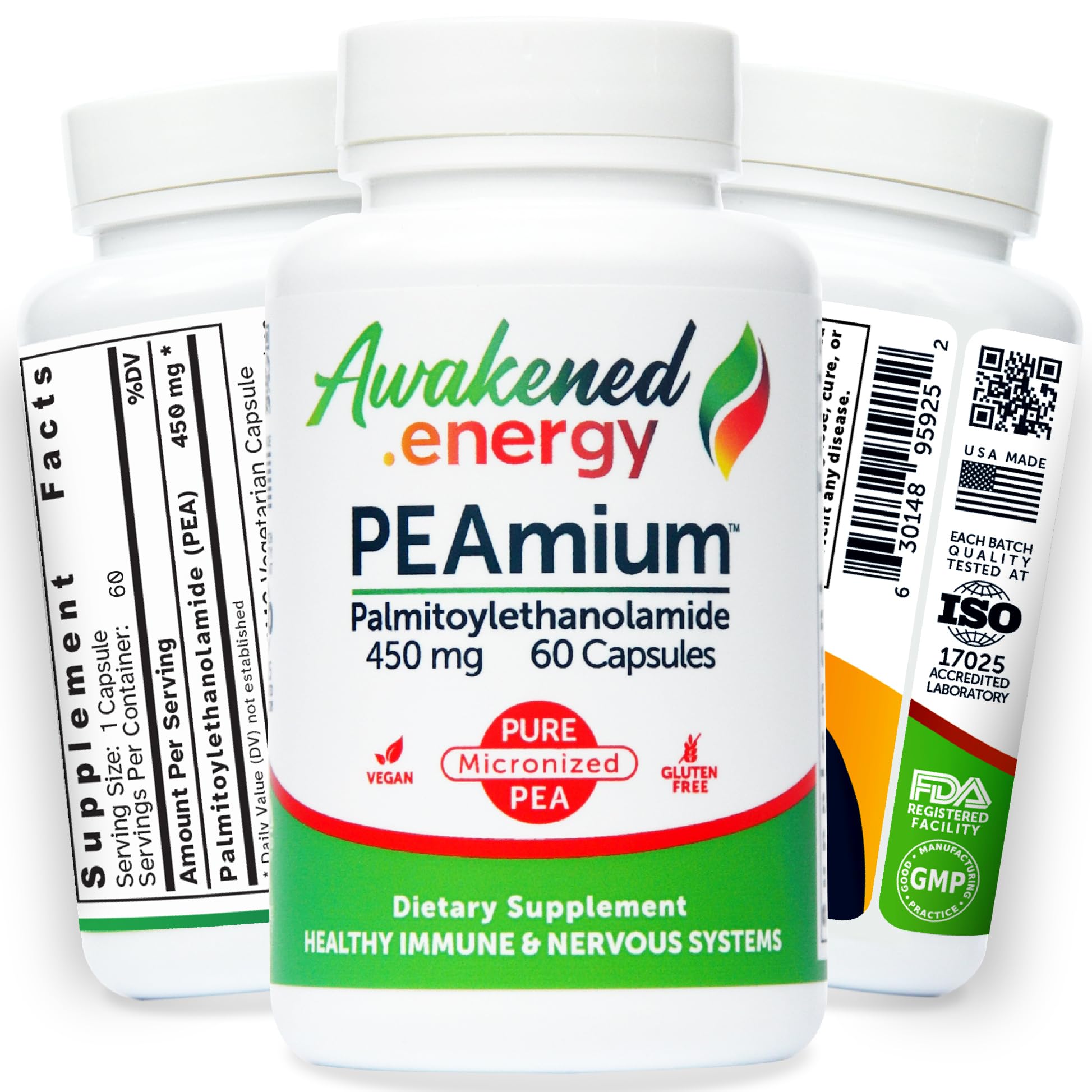 Palmitoylethanolamide 450mg Comfort Mobility Nerves Cognitive & Immune Support - Micronized High Absorption - All Natural Pea - USA Made - No Additives or Excipients – 60 Vegan Capsules Supplement Awakened.energy buy supplements canada